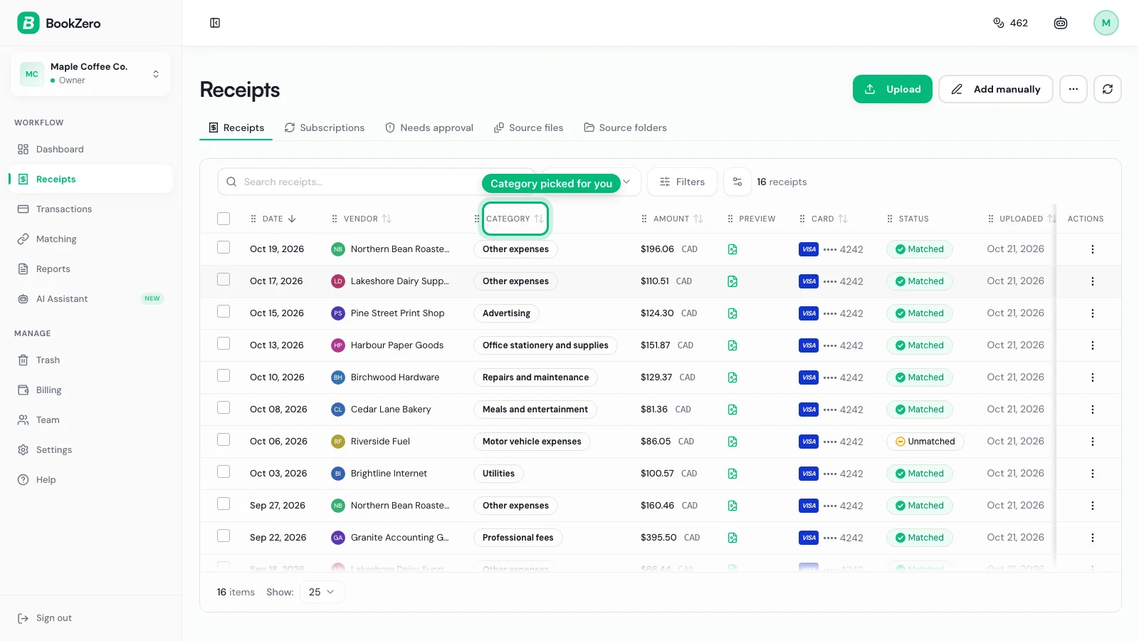 BookZero Receipts list showing each receipt with its category, amount and match status
