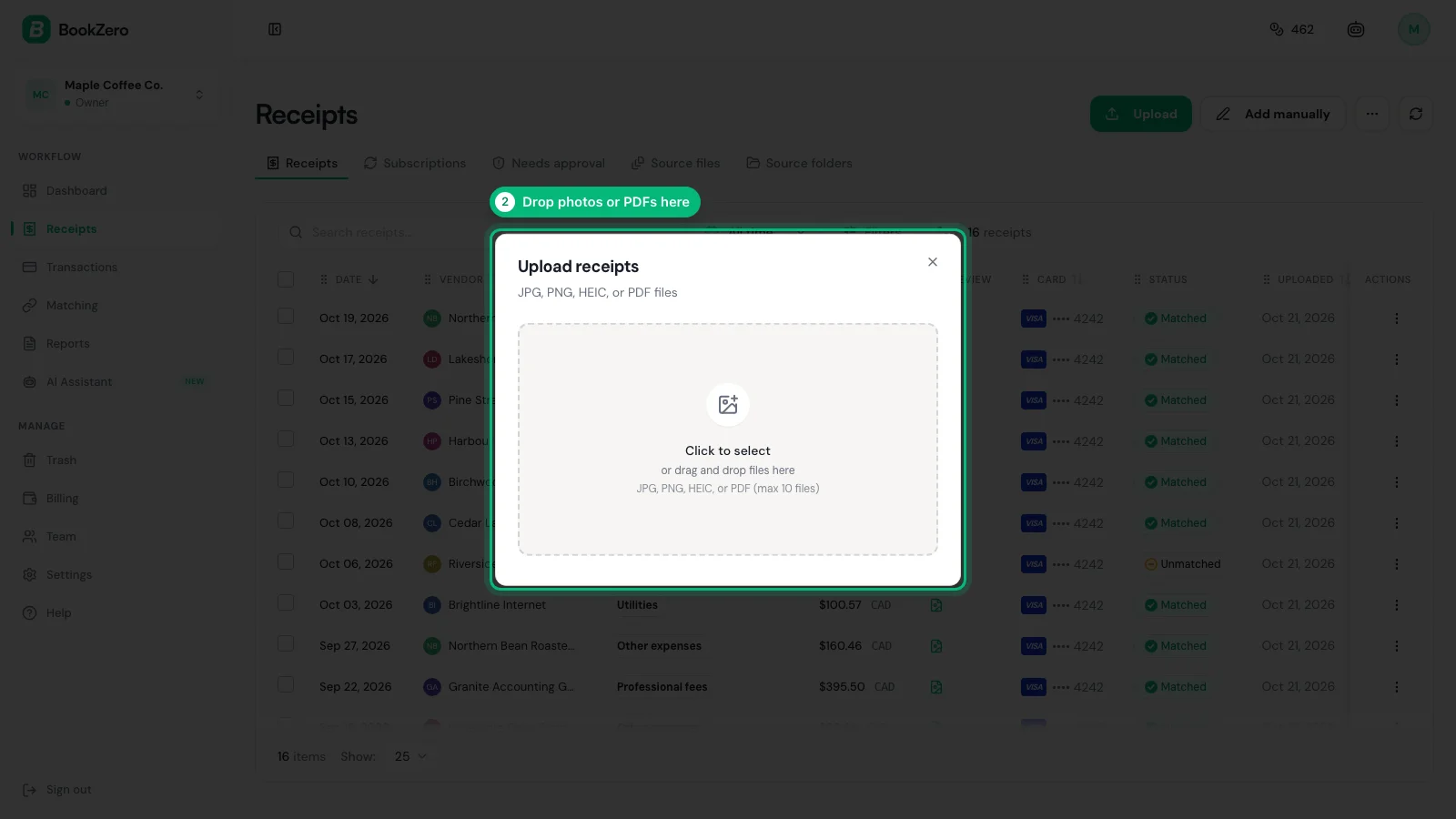 BookZero upload dialog where you drop in receipt photos or PDFs