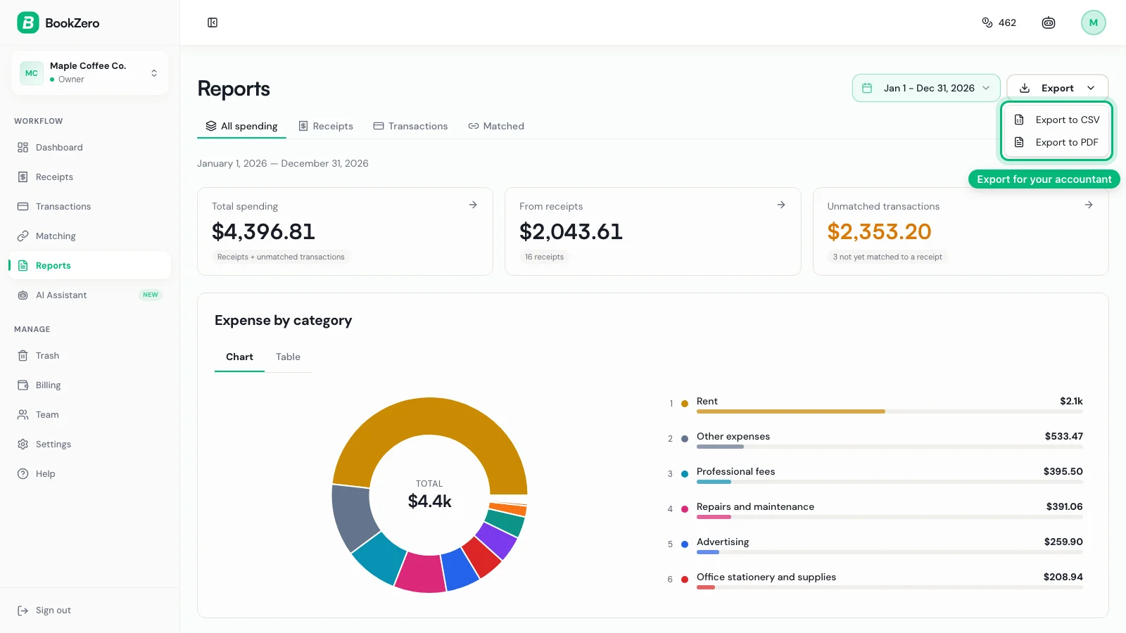 BookZero tax report with the Export menu open, offering CSV or PDF
