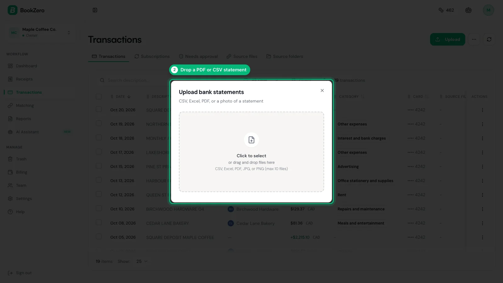 BookZero statement upload dialog with a drop zone for PDF or CSV bank statements