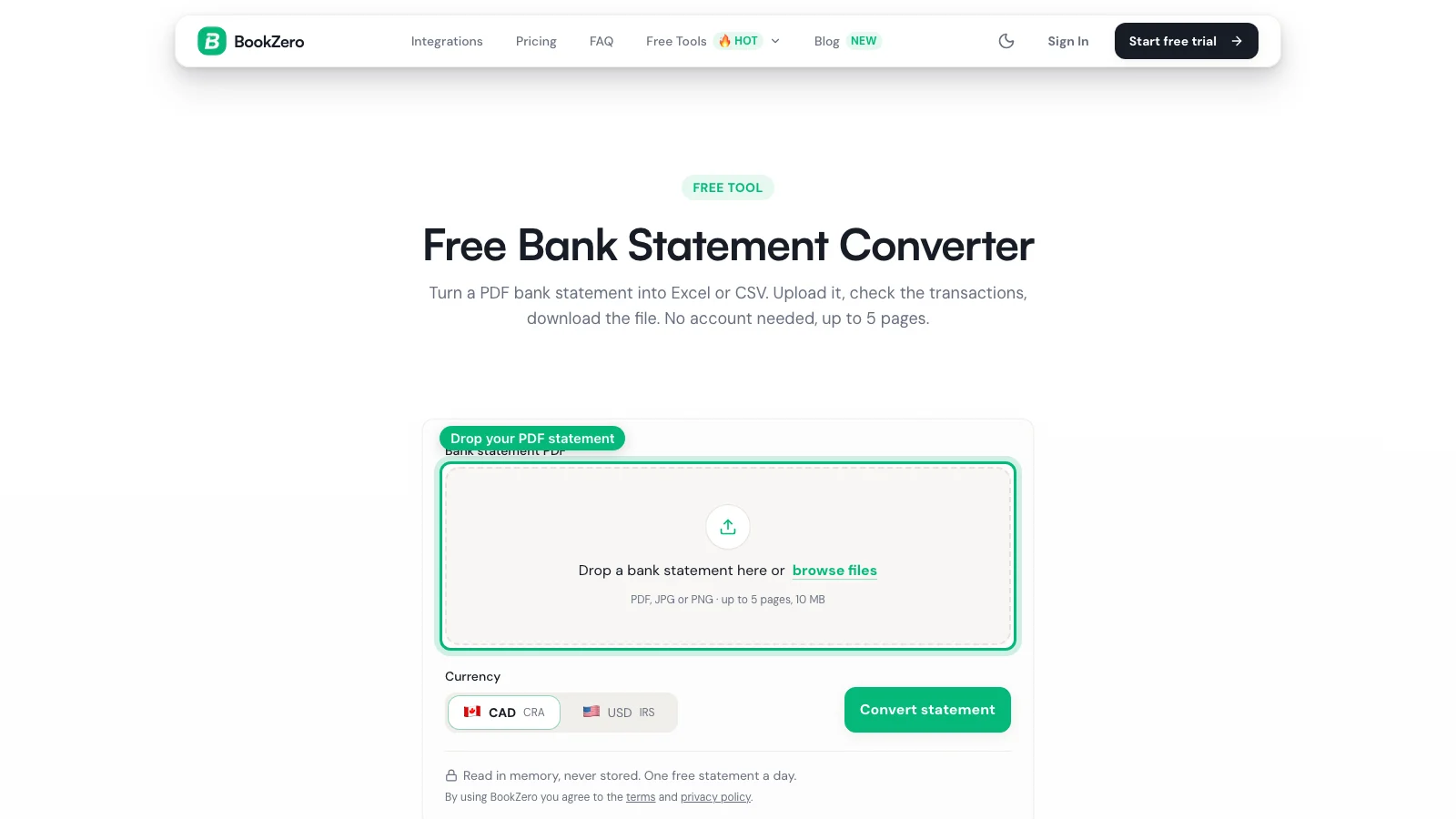 BookZero free bank statement converter with an upload area for a PDF statement