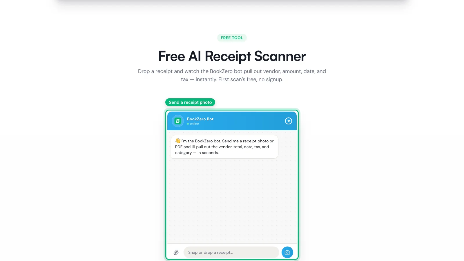 BookZero free receipt scanner page where you drop in a single receipt
