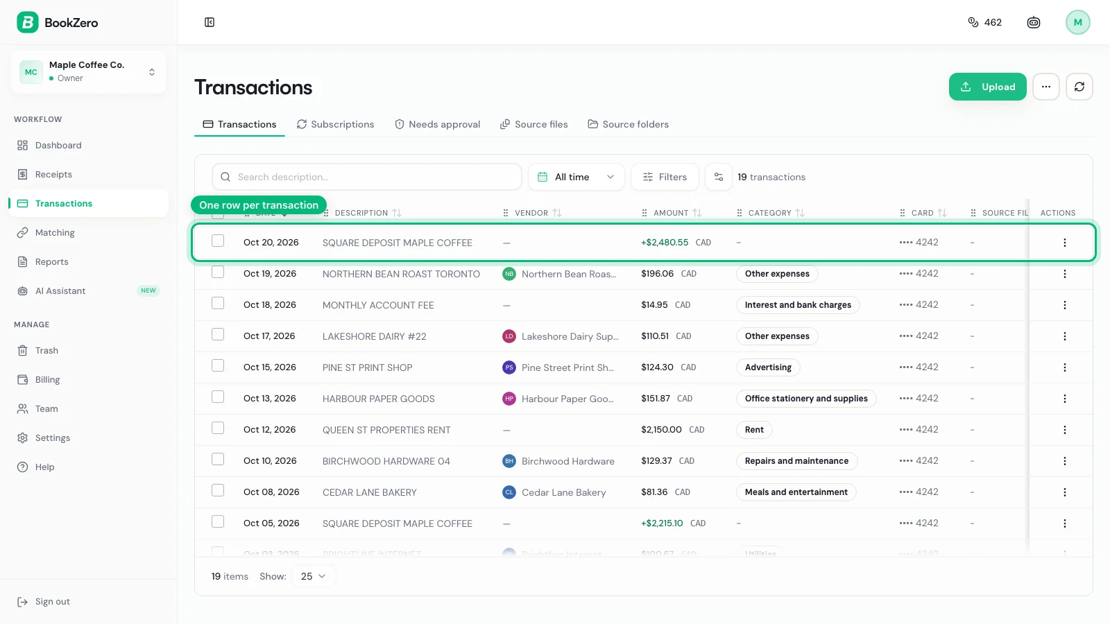 BookZero Transactions list with card deposits shown as money in