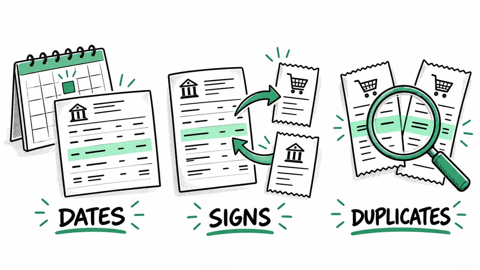 Three illustrated checks for converted statement rows: dates, incoming and outgoing amounts, and duplicate entries.