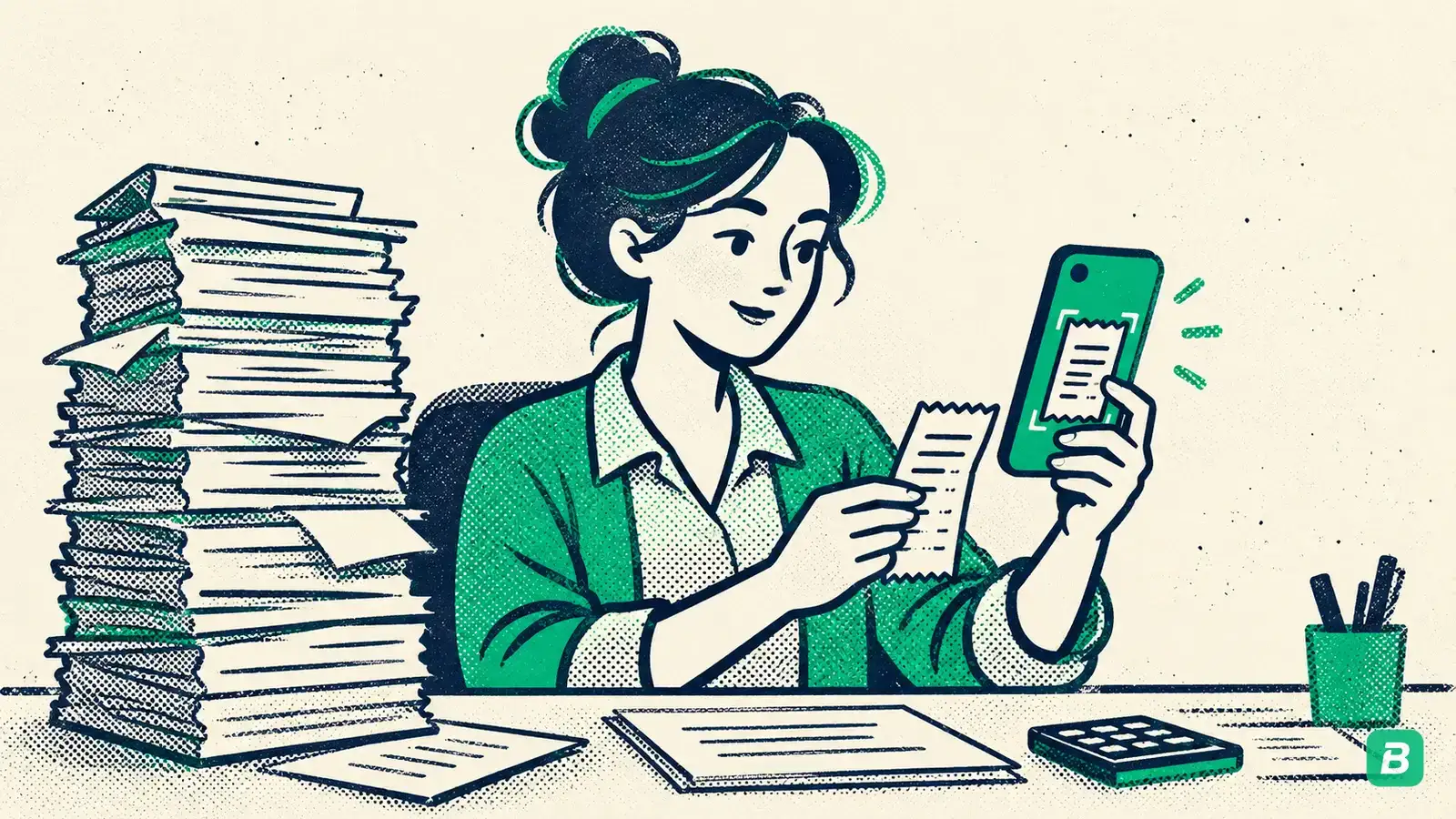 A bookkeeper with a tall paper stack next to a phone scanning a receipt