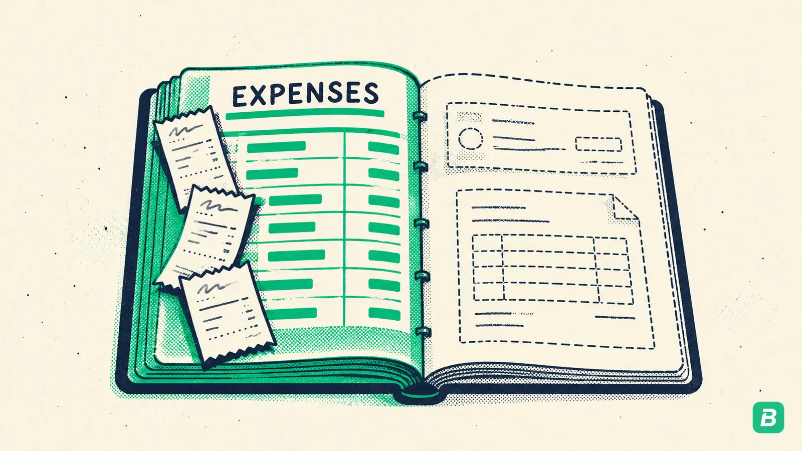 A ledger with the expense half filled and payroll and invoicing dashed out