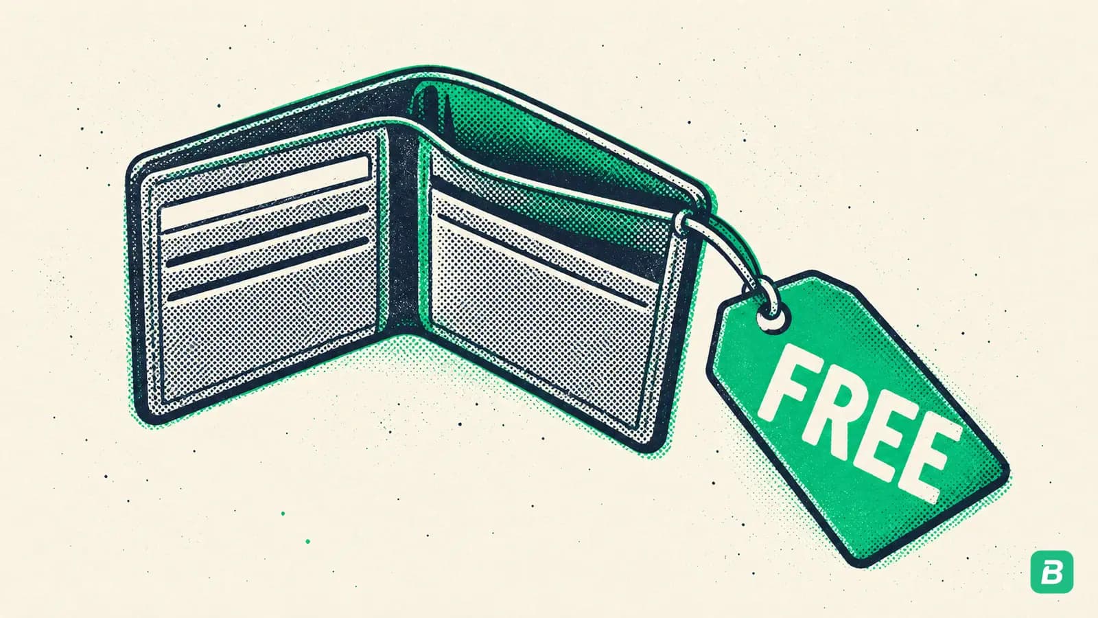An emerald price tag hanging from an open wallet