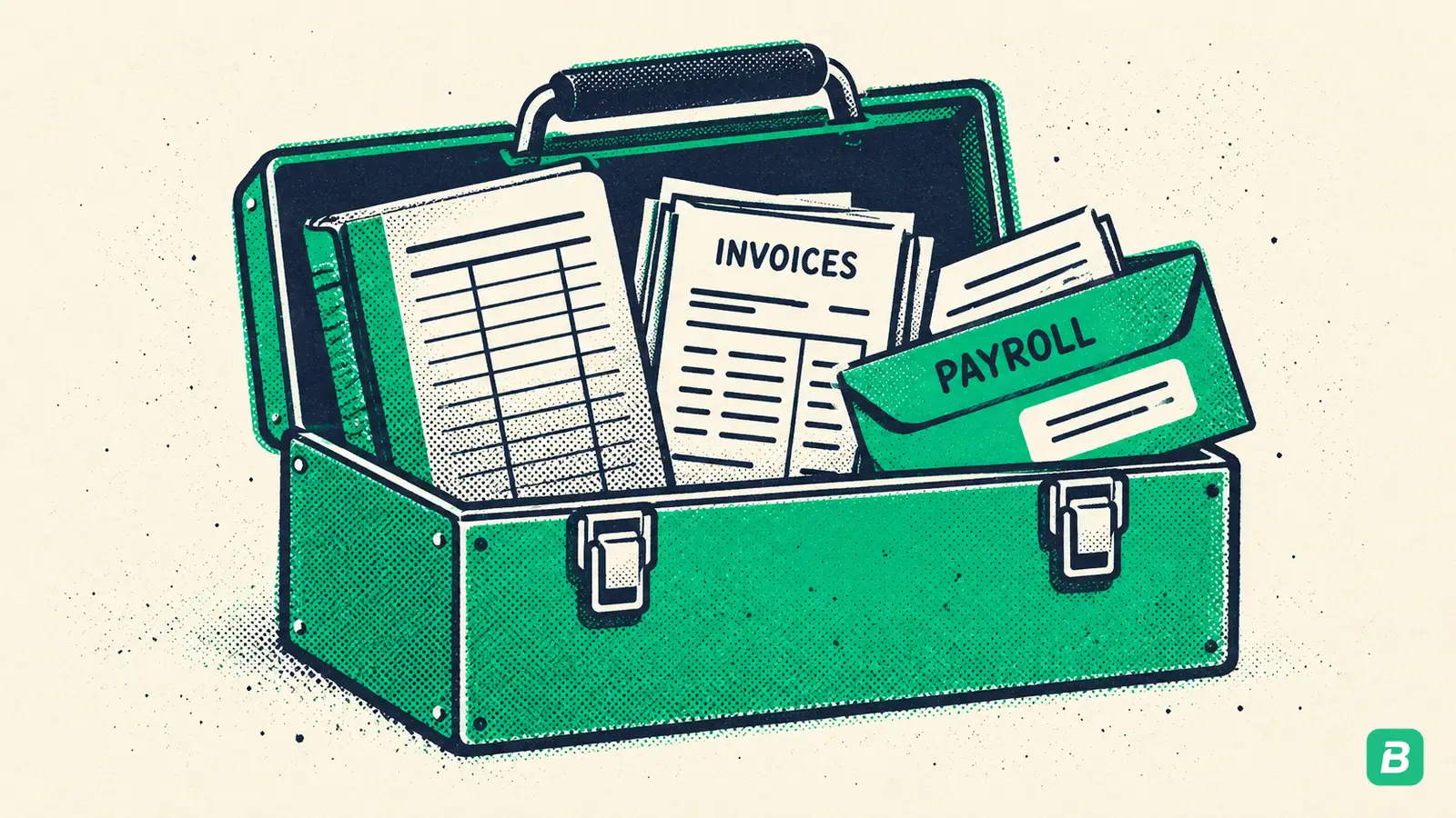 A large toolbox holding a ledger, invoices and payroll
