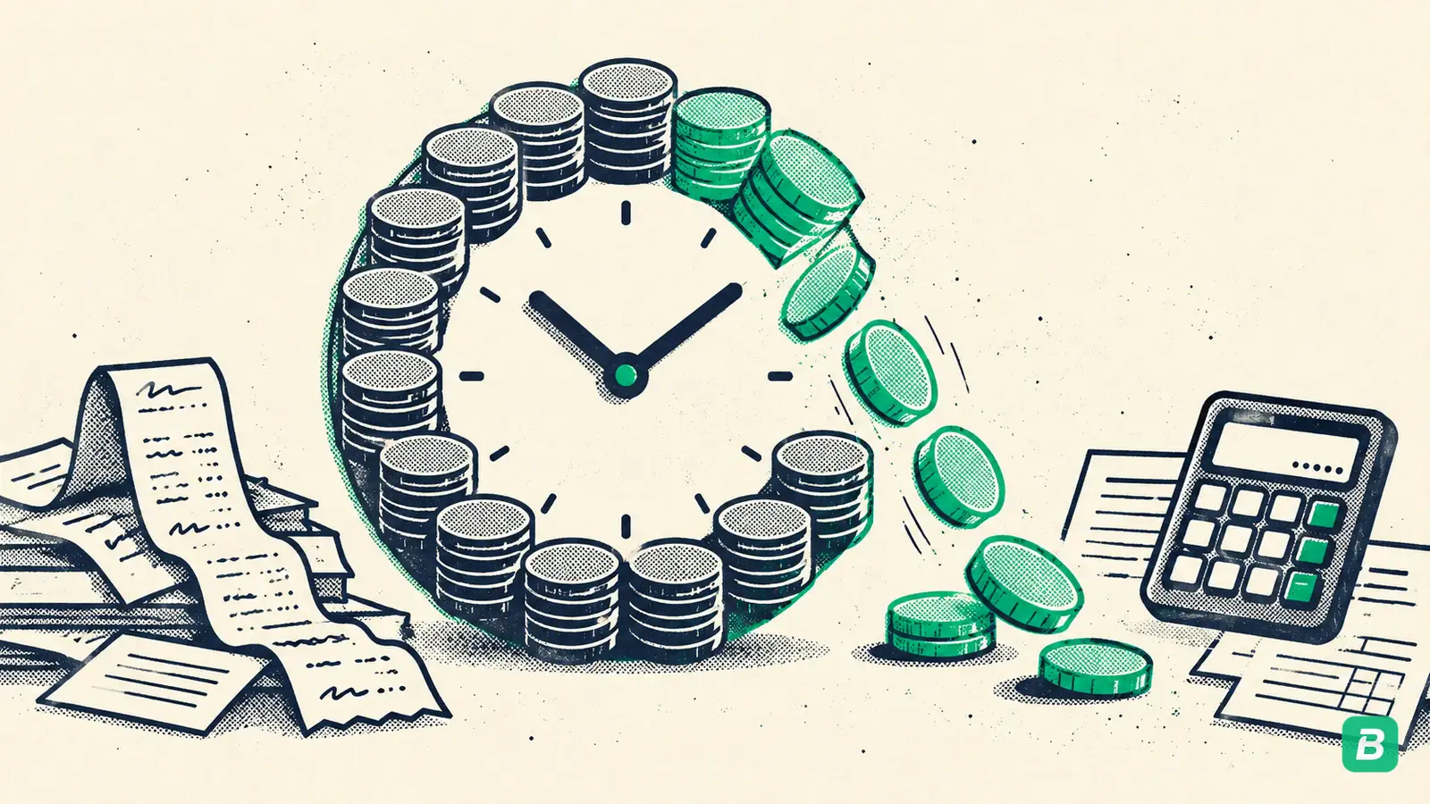 A clock made of coins losing an emerald wedge, the hidden cost of manual bookkeeping hours