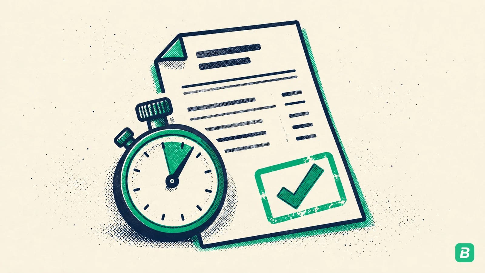 An invoice with a stopwatch and an emerald paid stamp