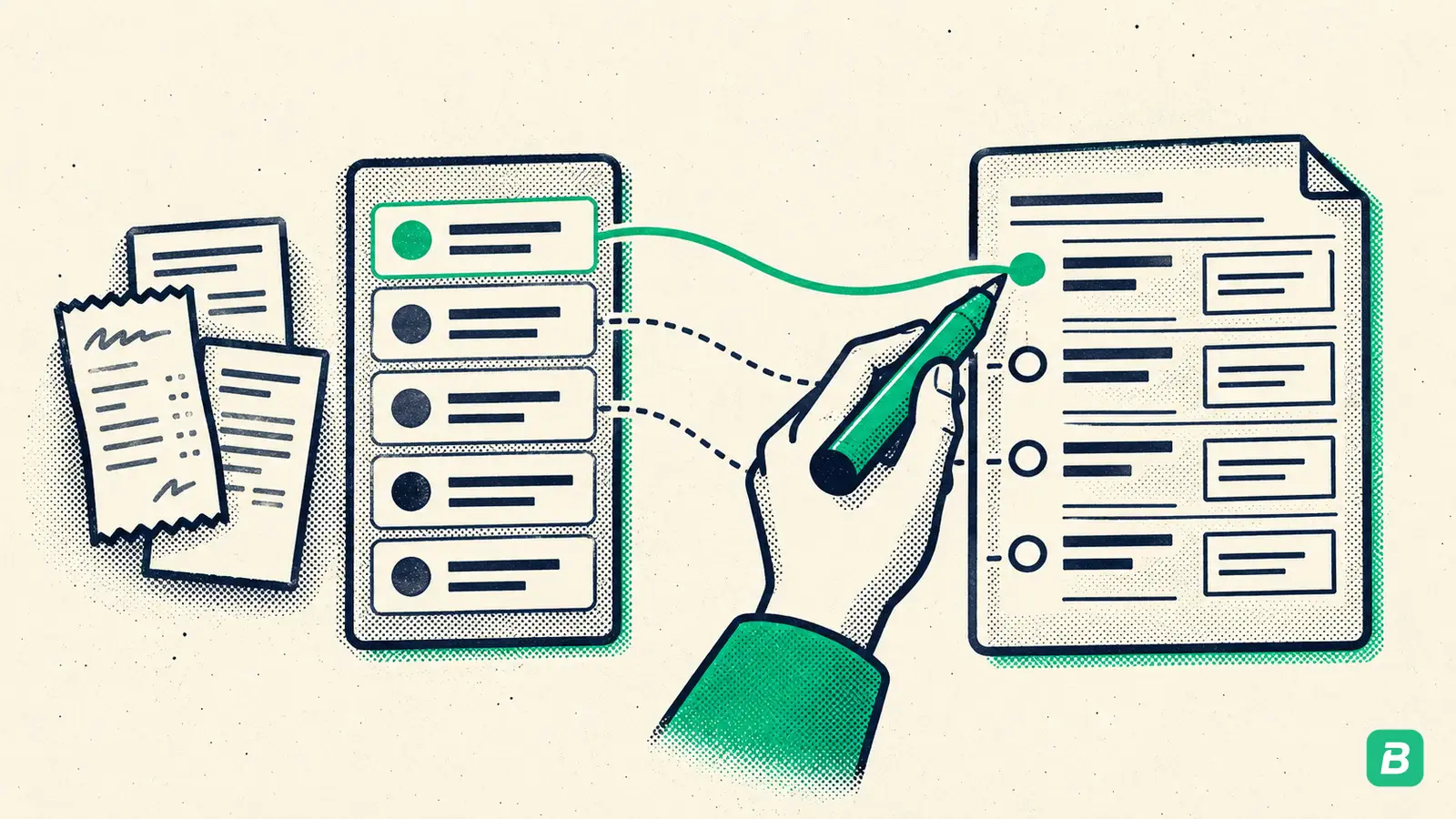 A hand manually mapping account rows to tax form rows