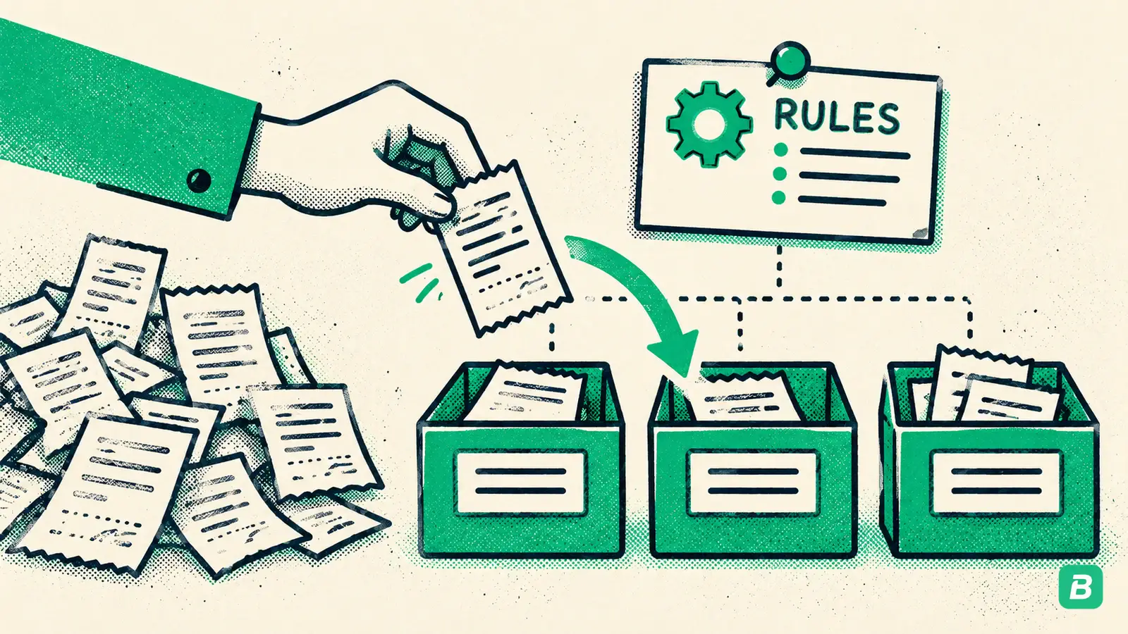 A hand sorting receipts into category bins under a rule card