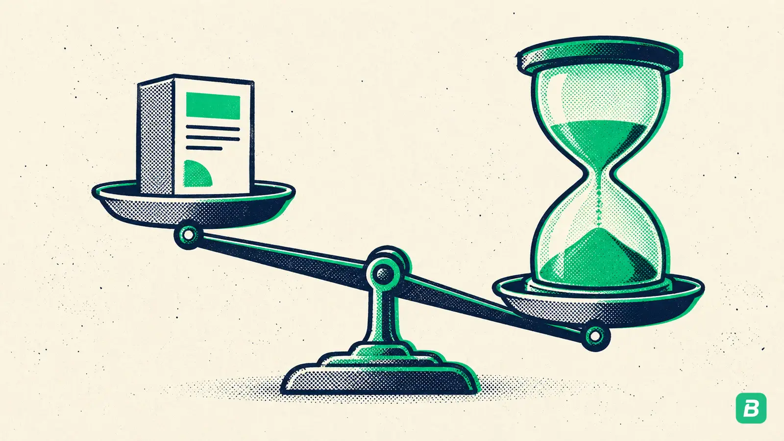 A balance scale where an hourglass of time outweighs a software box