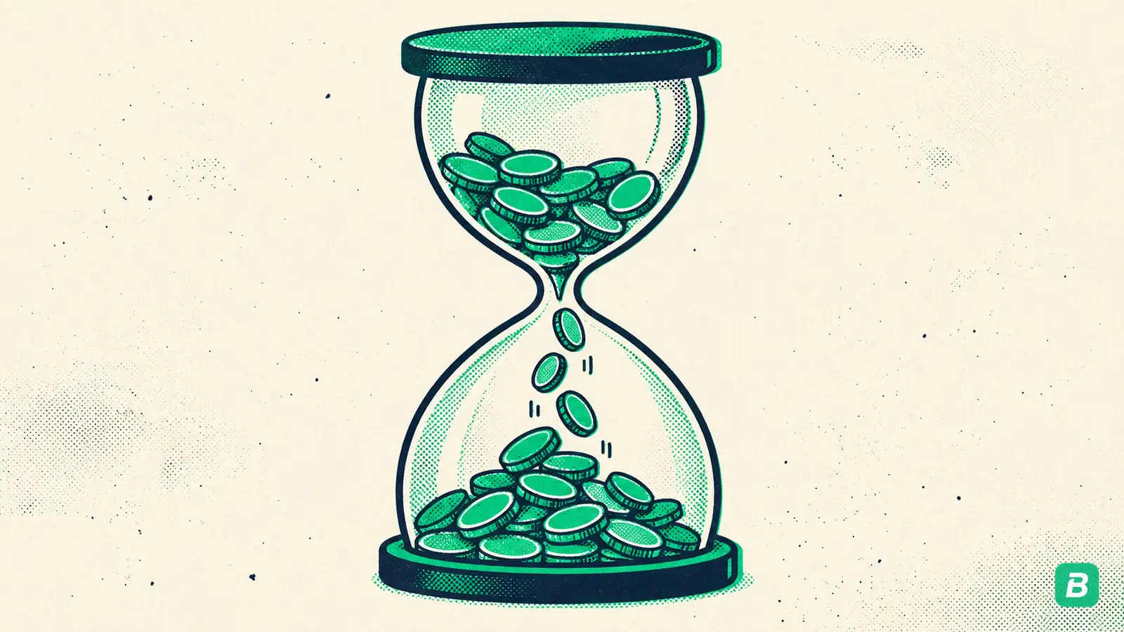 An hourglass whose sand is coins, showing time spent as money