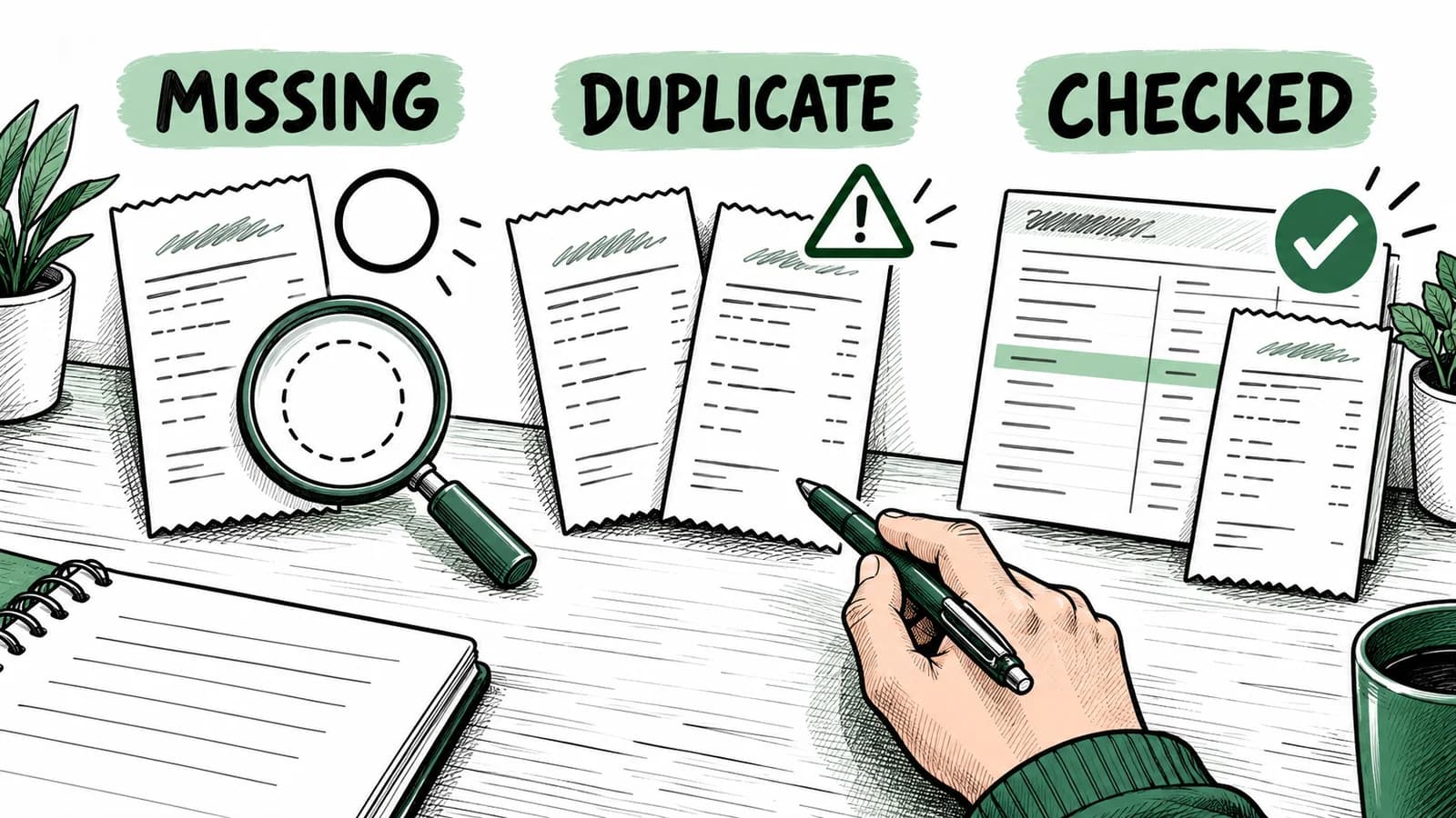 Illustration of a small business owner reviewing a few unresolved bookkeeping records alongside organized receipt and transaction files