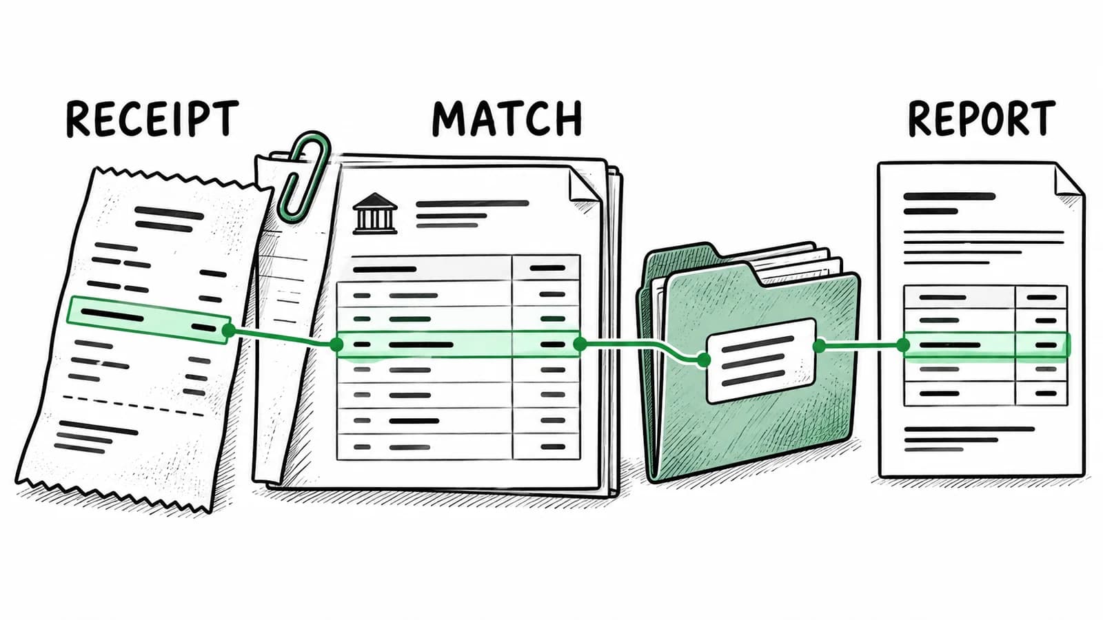 Illustration of a purchase moving from receipt capture through categorization and statement matching to a reviewed report and accounting handoff