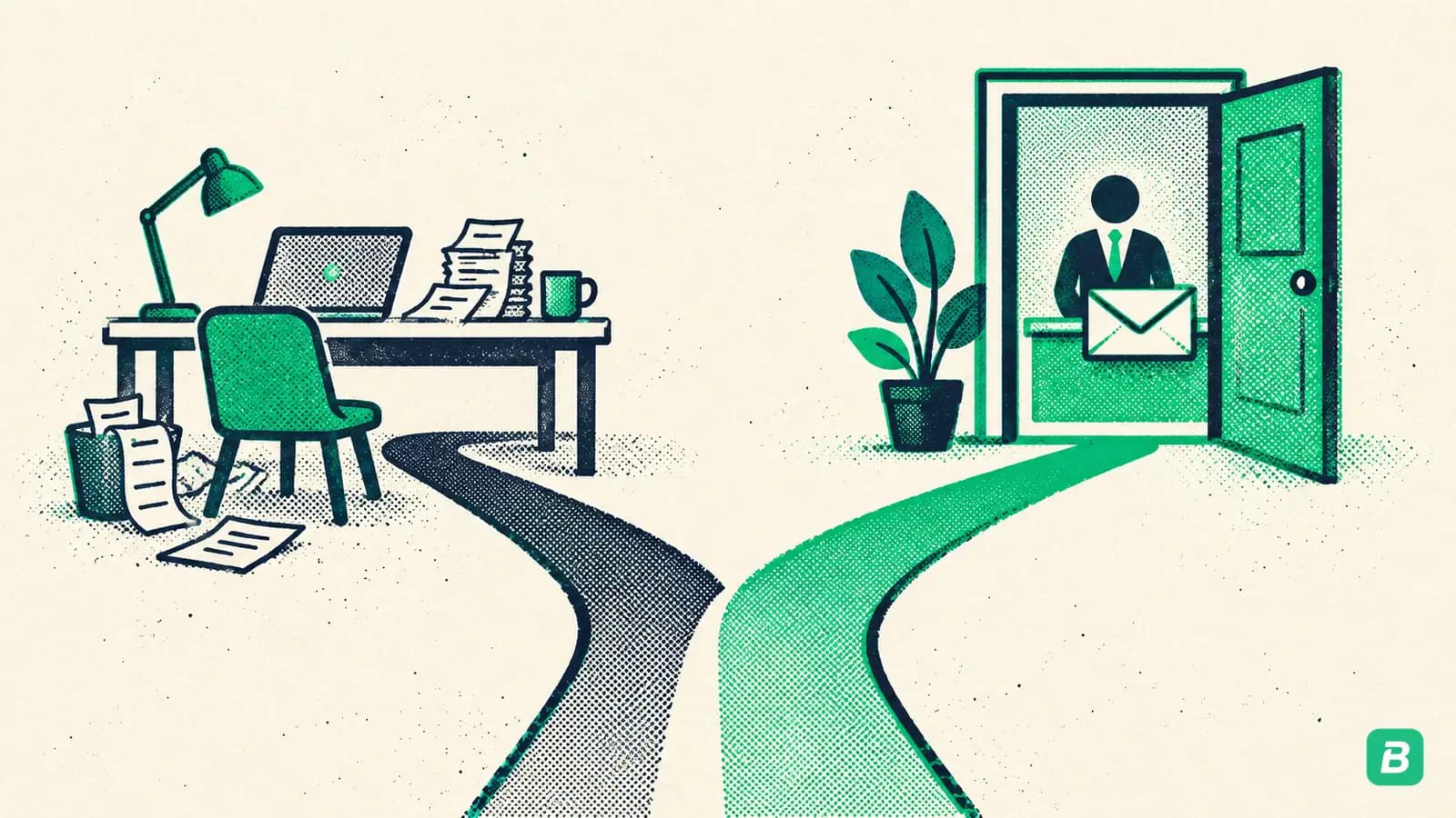 A path forking to a DIY desk and an accountant's door