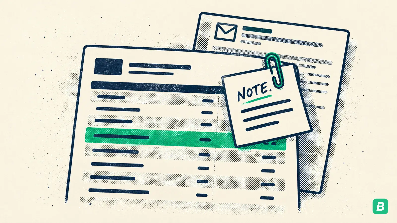 A highlighted statement row with a handwritten note card and an email confirmation clipped to it