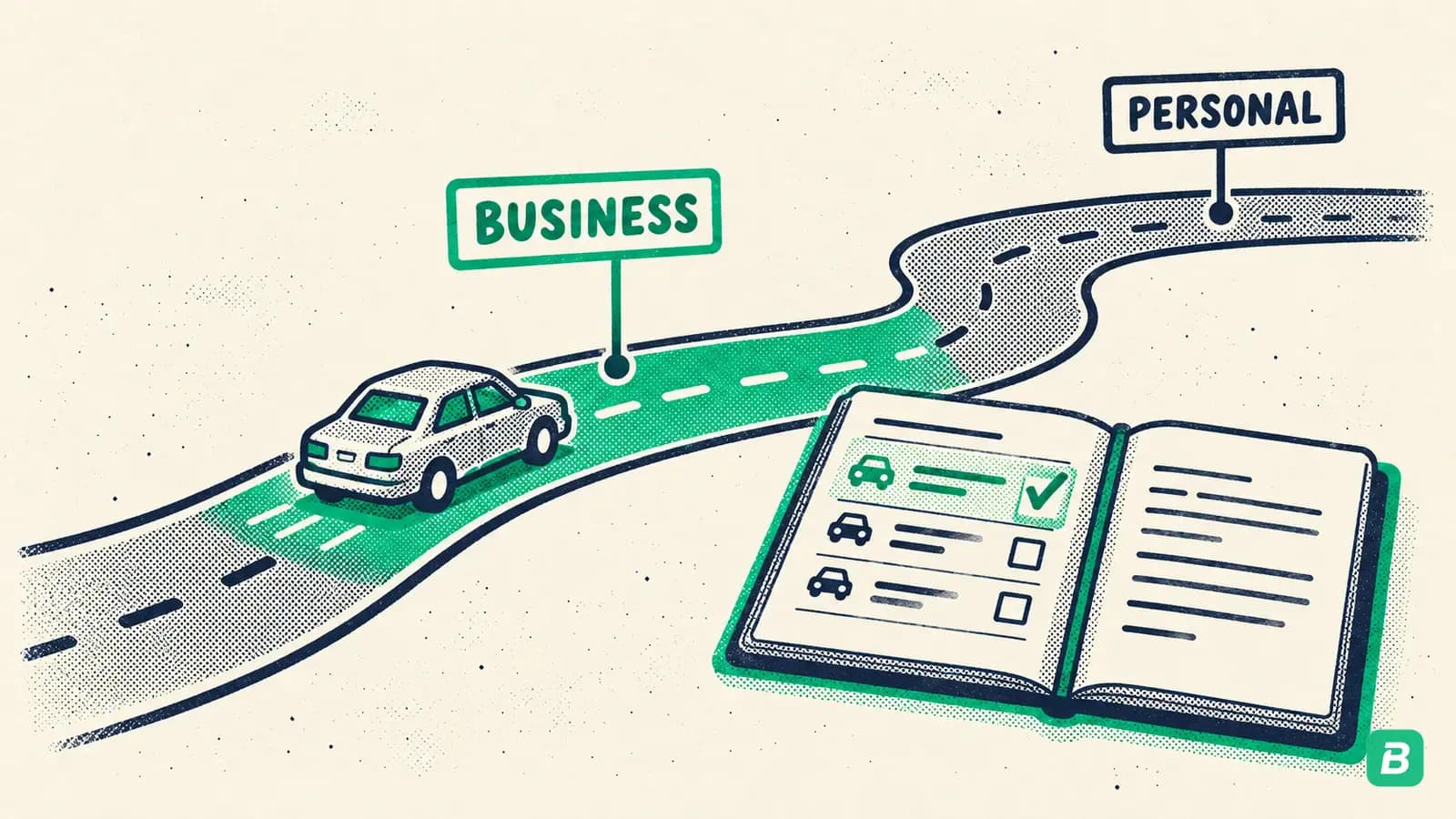 A car on a road with an emerald business trip and a logbook