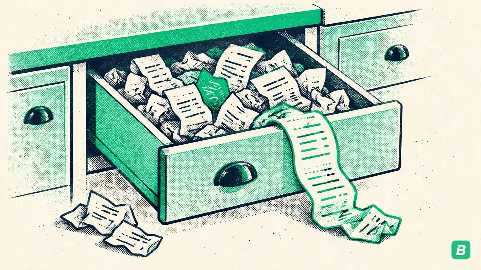 A kitchen drawer overflowing with crumpled receipts