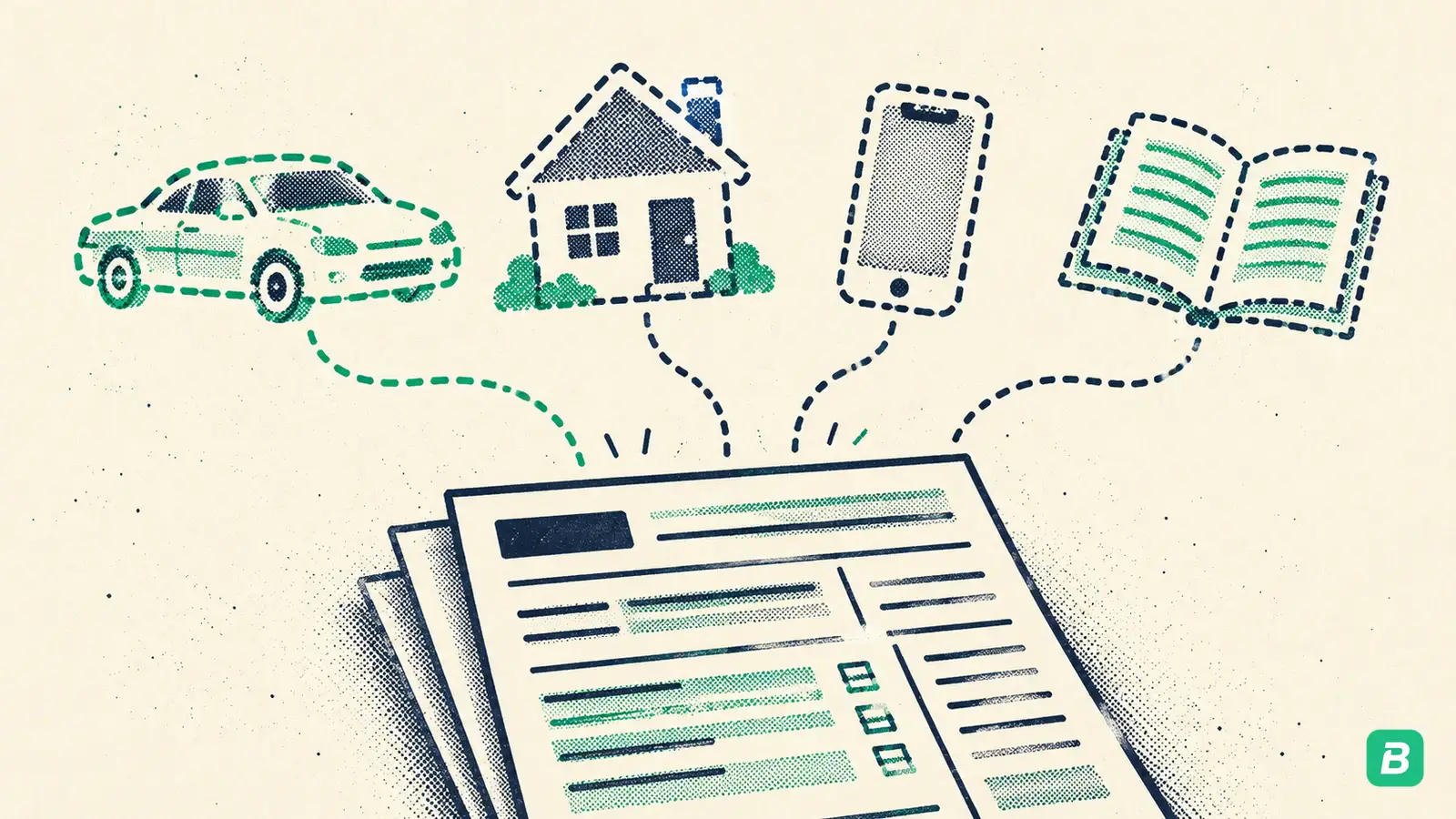 Dashed outlines of a car, house, phone and book above a tax form, the deductions never claimed