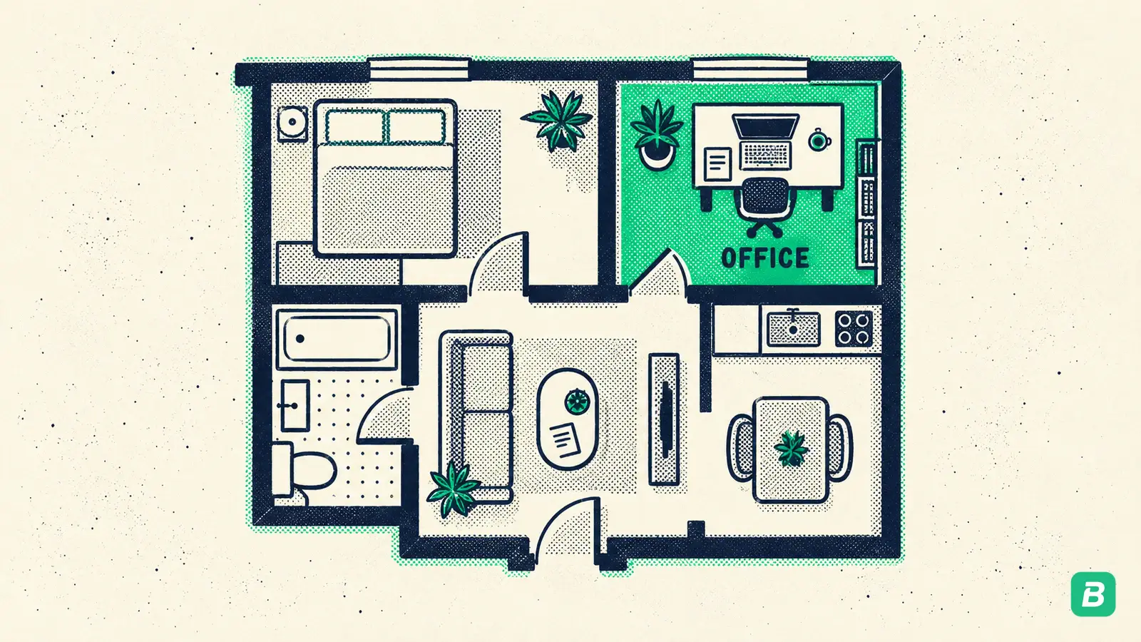 An apartment floor plan with the office room shaded emerald