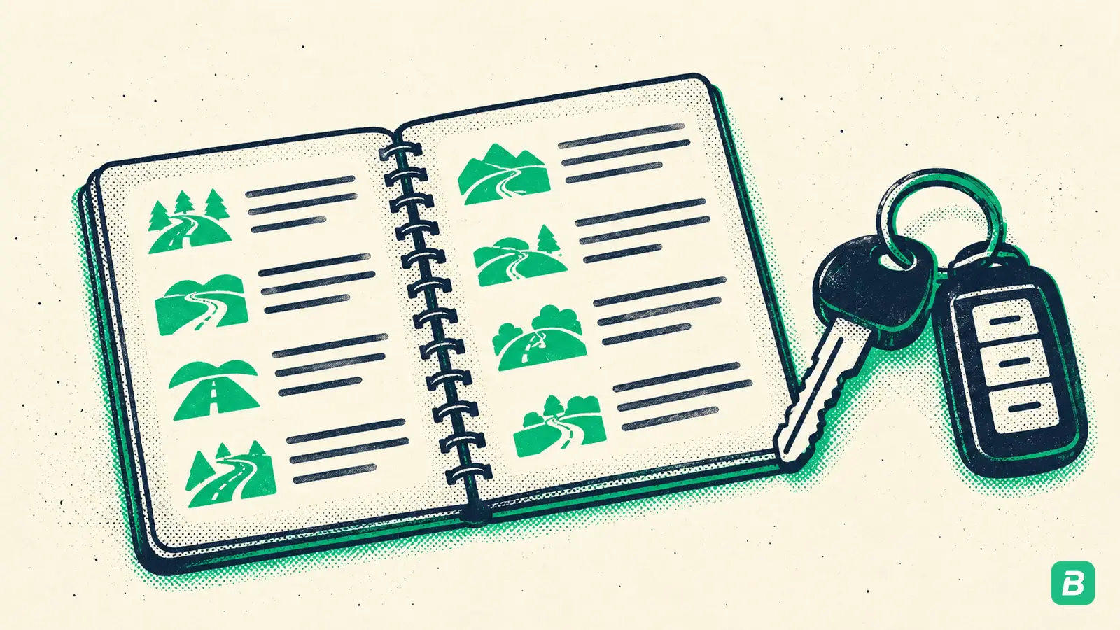 A notebook mileage log beside car keys