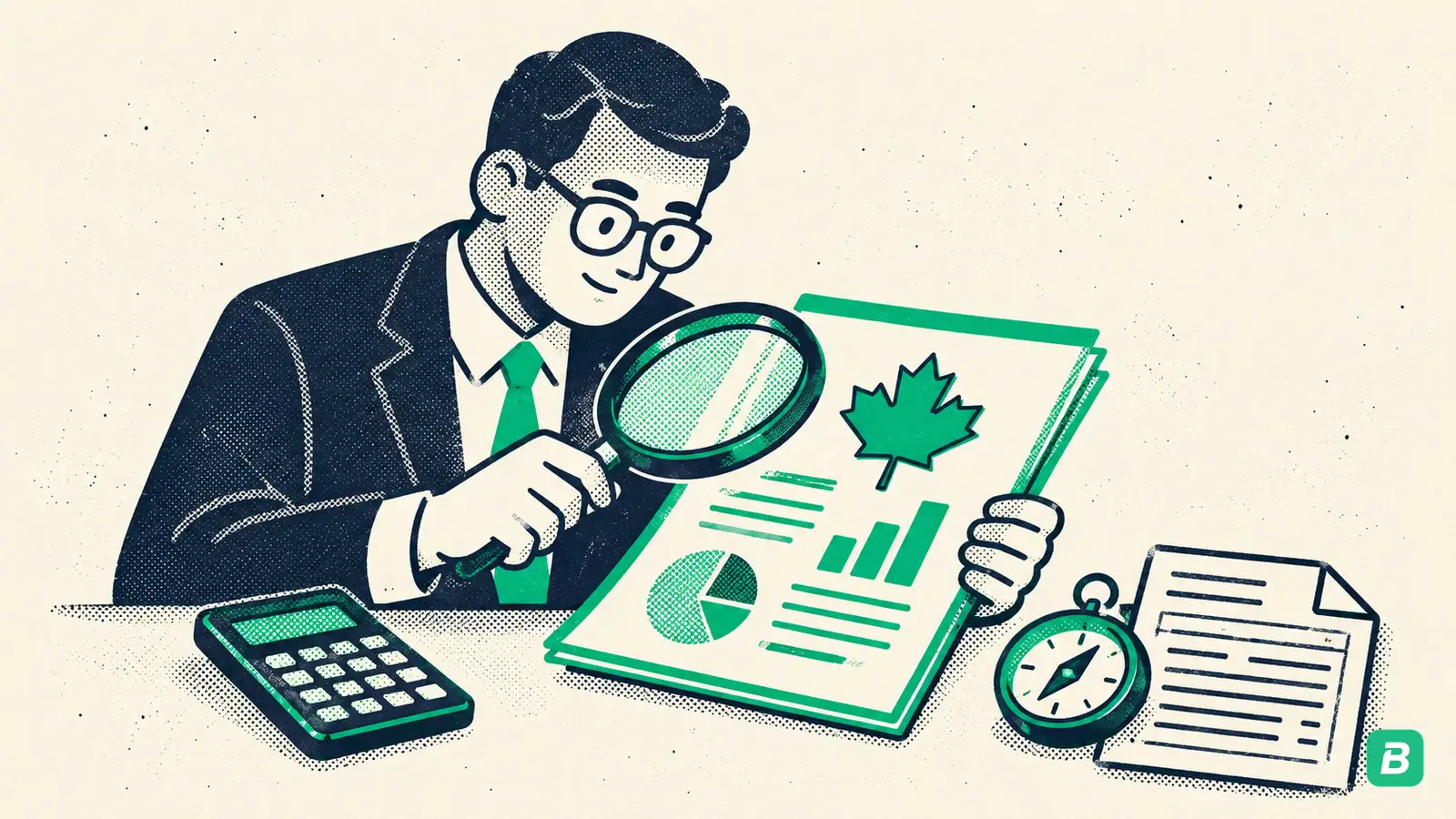 An accountant reading a neat report with a magnifier