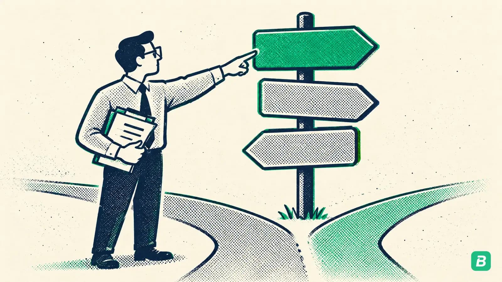 An accountant pointing at a signpost at a crossroads