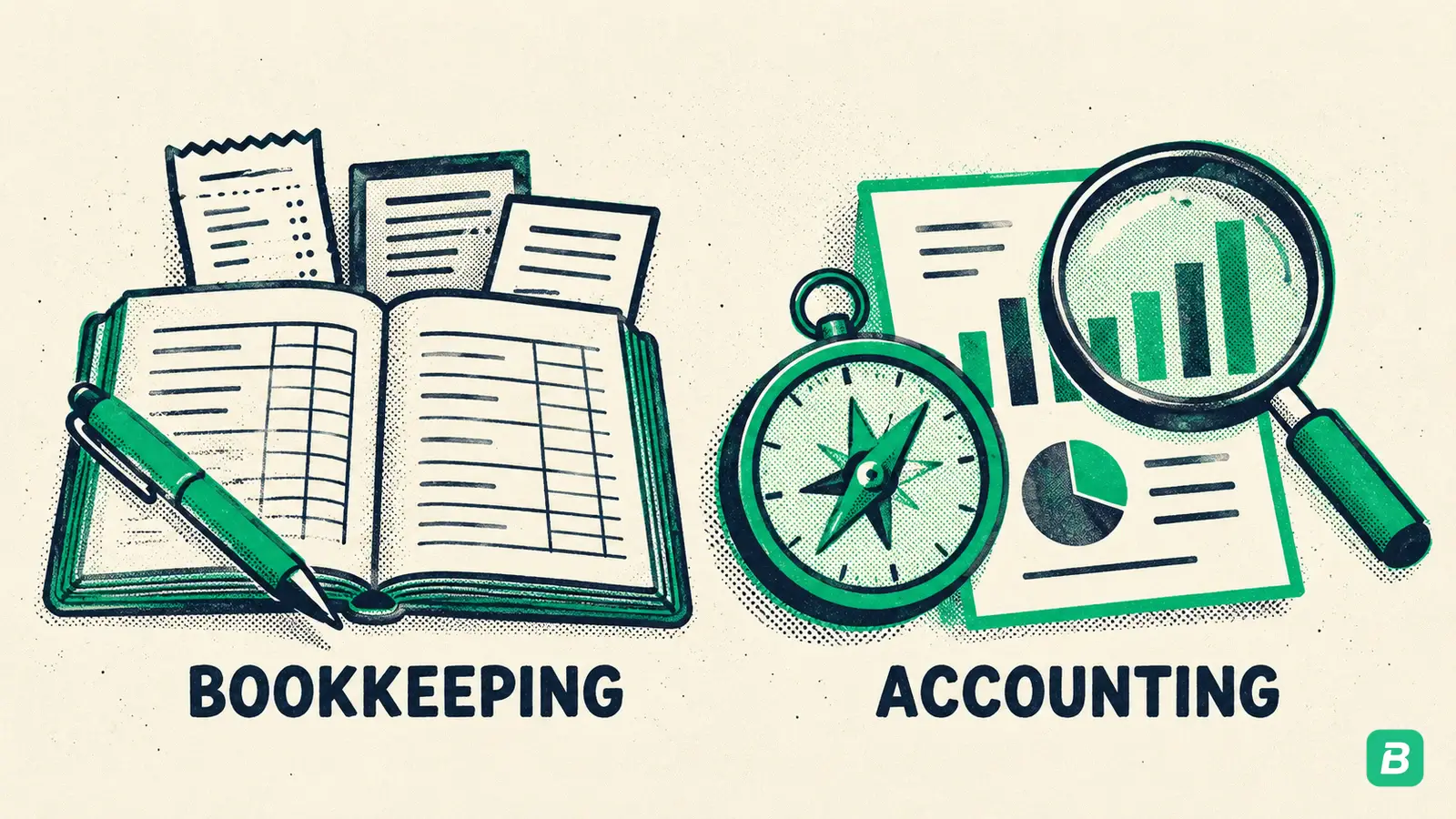 A ledger and pen beside a compass and magnifier, recording versus interpreting