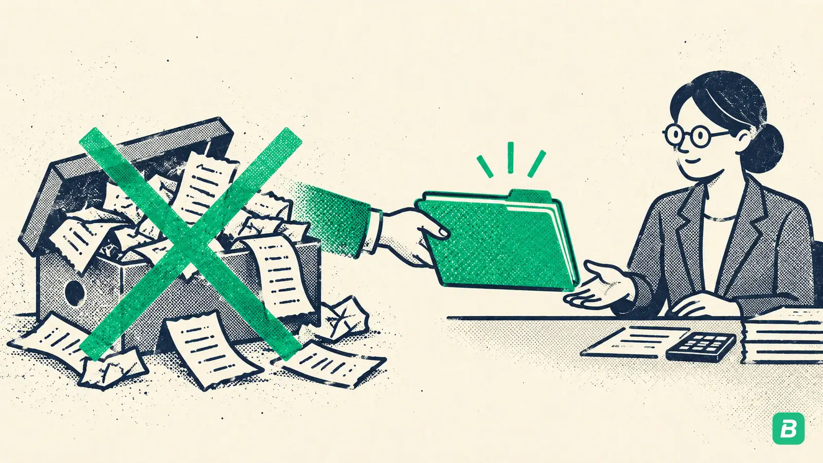 A crossed-out shoebox next to a slim folder handed to an accountant