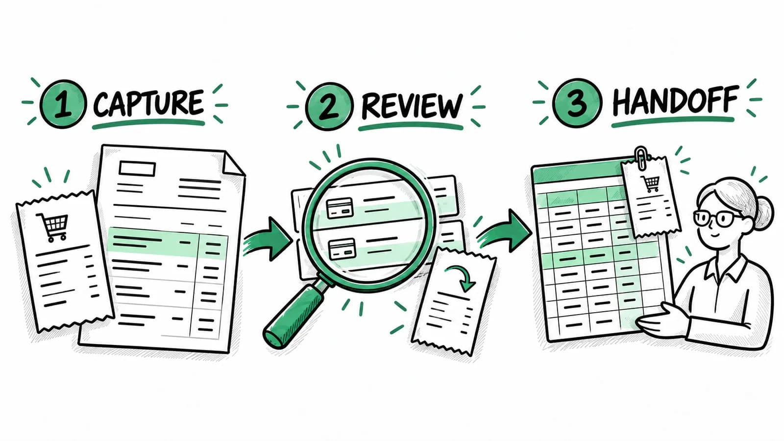 A trial workflow with capture, document review, and a handoff of reviewed records.