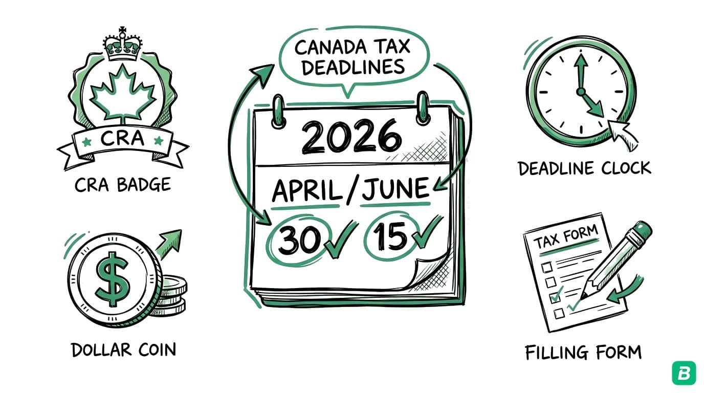 2026 Canadian tax deadlines calendar showing key CRA due dates for personal, self-employed, corporate, and GST/HST filing throughout the year