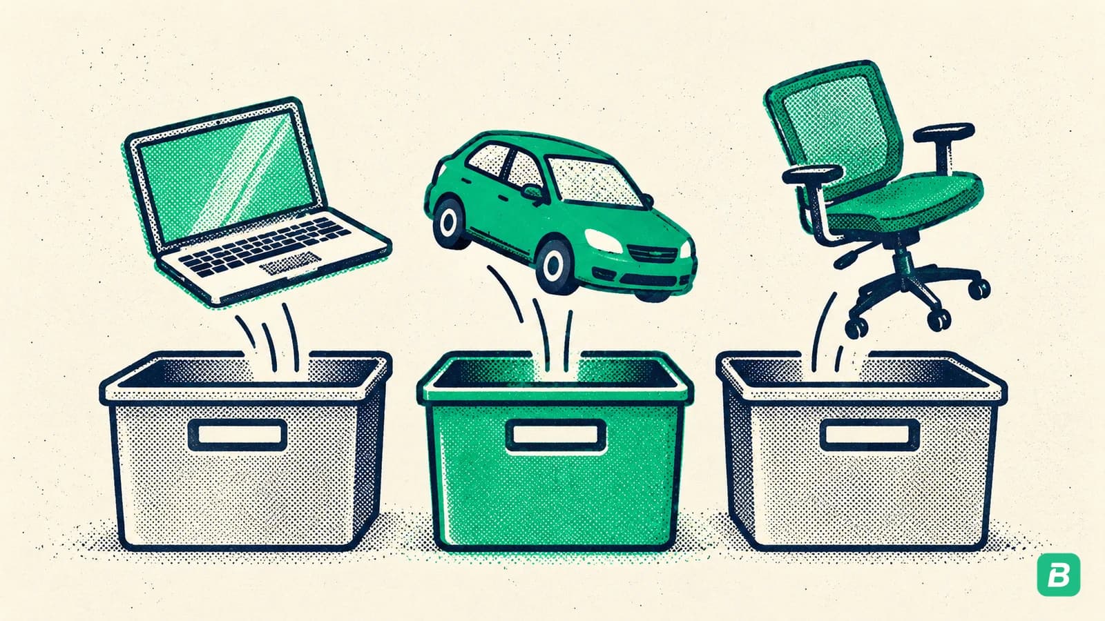 A laptop, a car and an office chair dropping into three separate bins