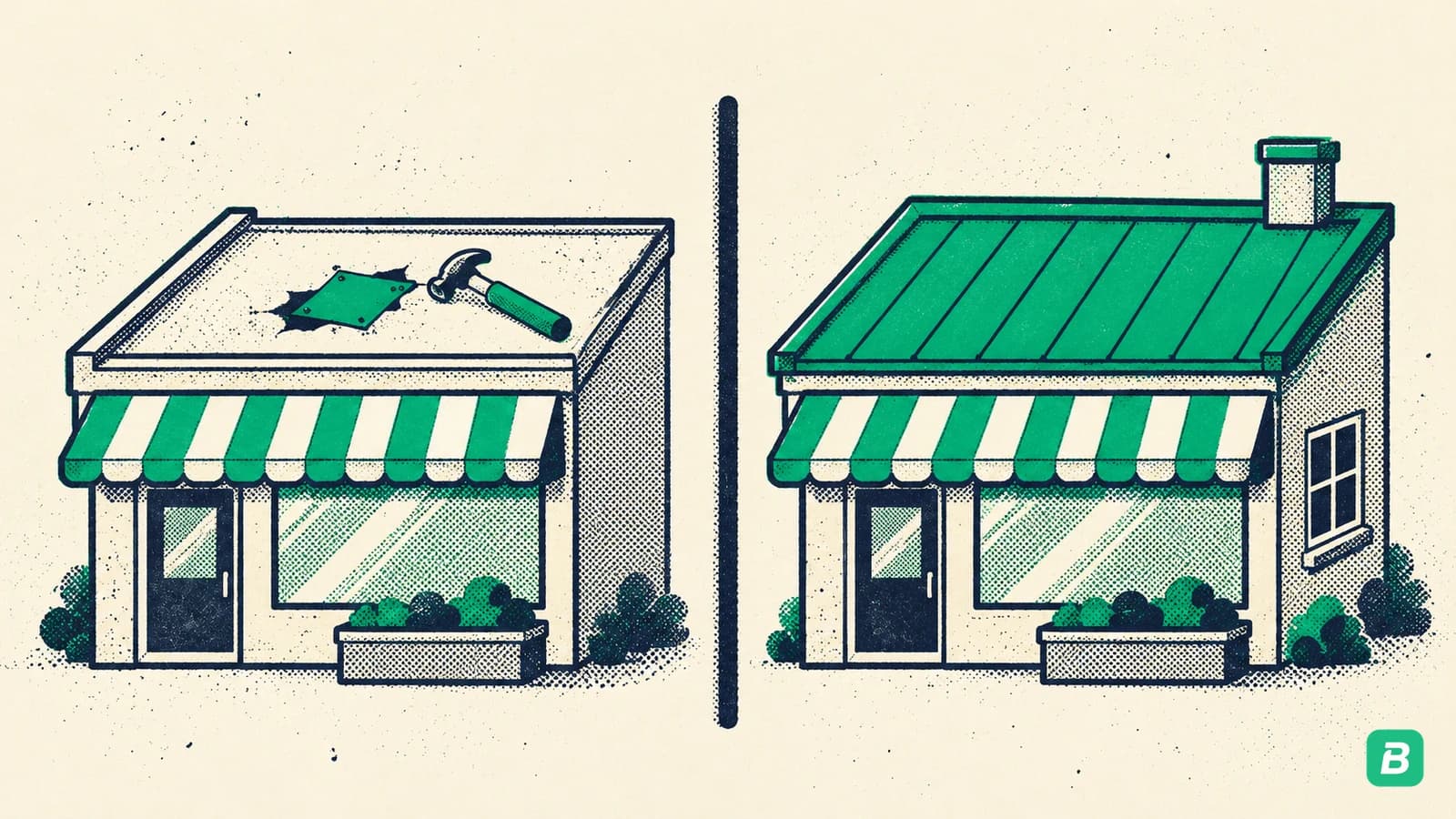 Two shops side by side: one roof with a small patch and a hammer, the other with a whole new roof and an added window