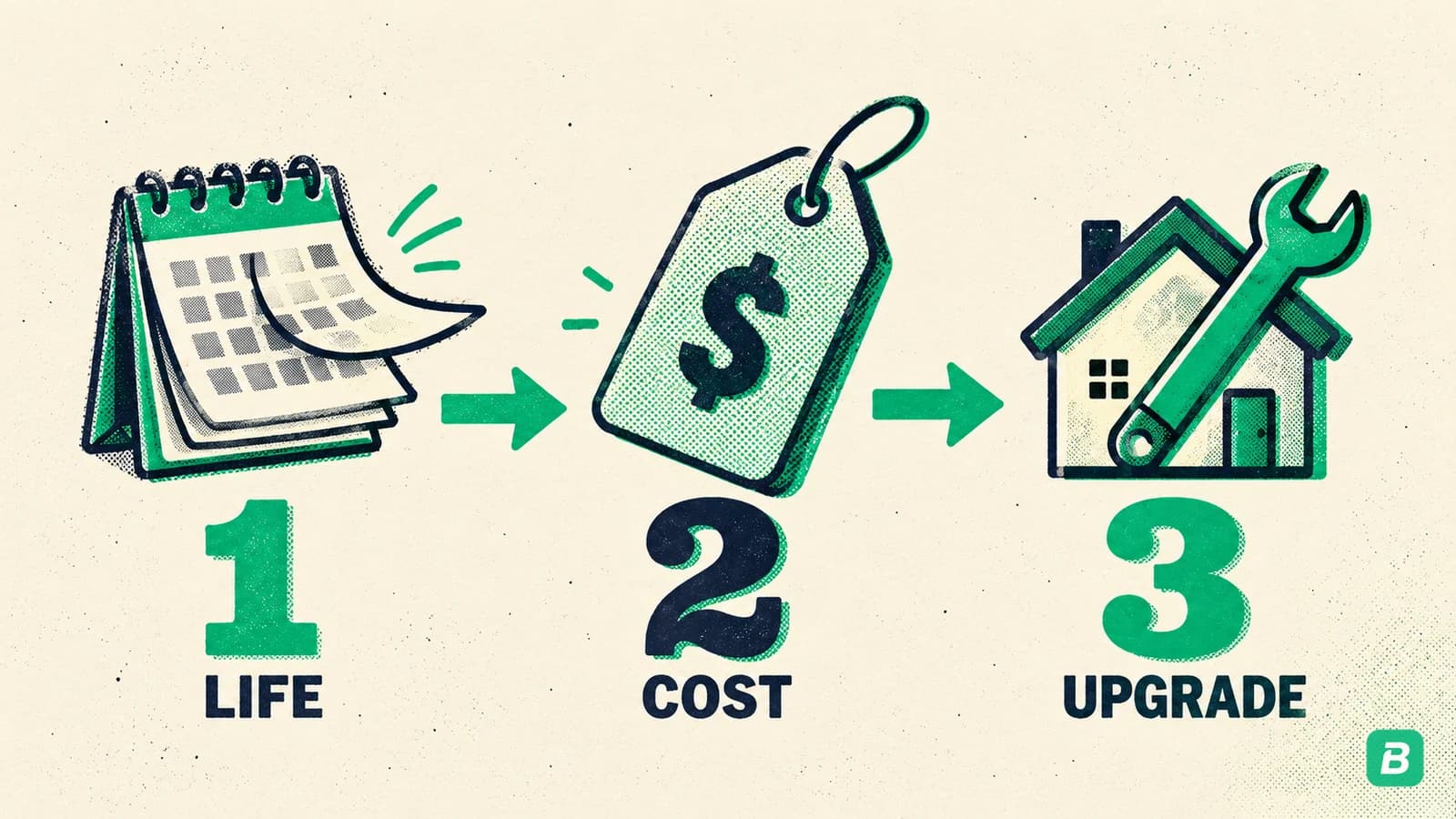 Three numbered icons: a calendar, a price tag, and a wrench over a house, labelled life, cost and upgrade