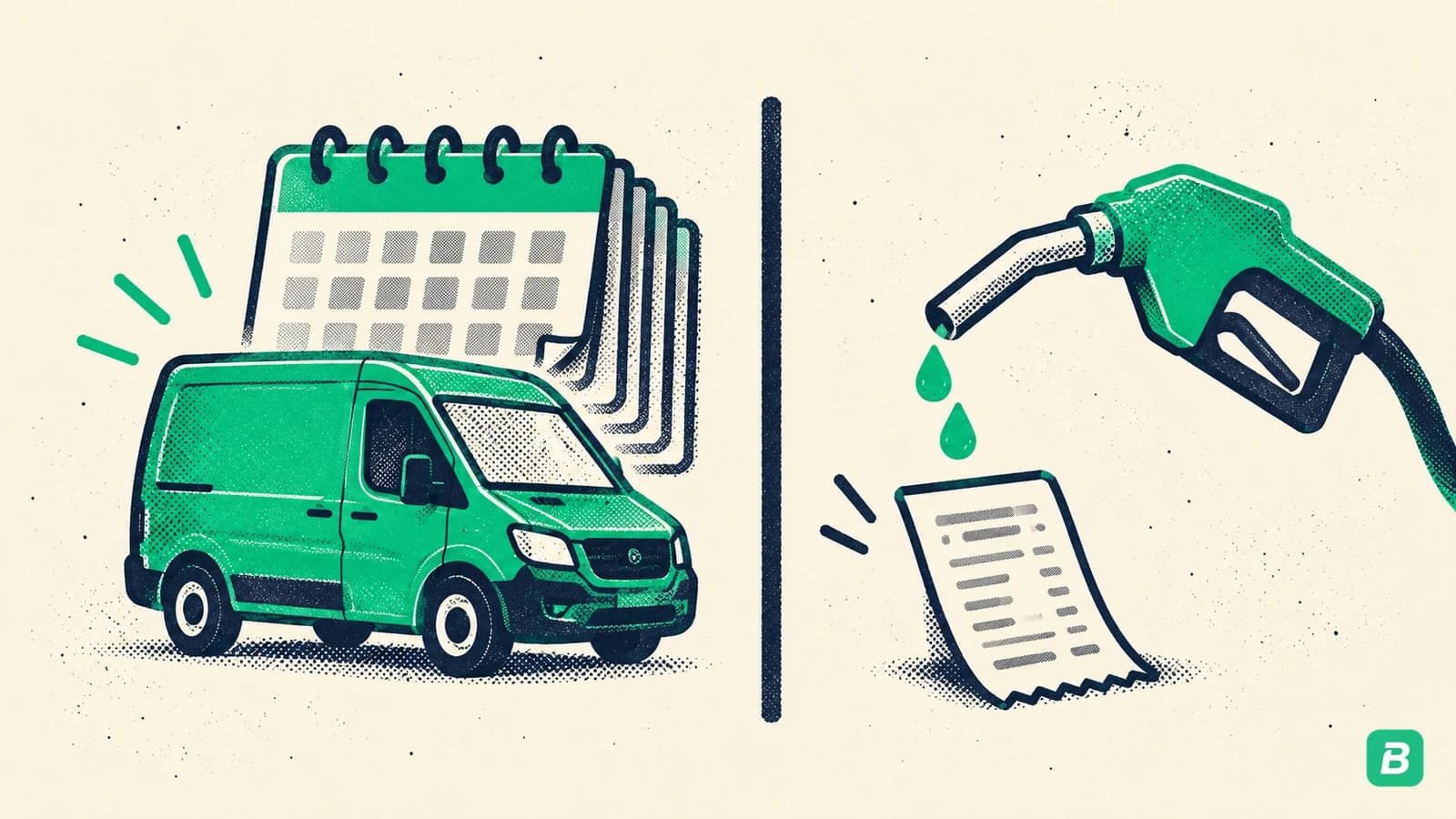 A delivery van with a tall stack of calendar pages on one side, a fuel nozzle and a short receipt on the other