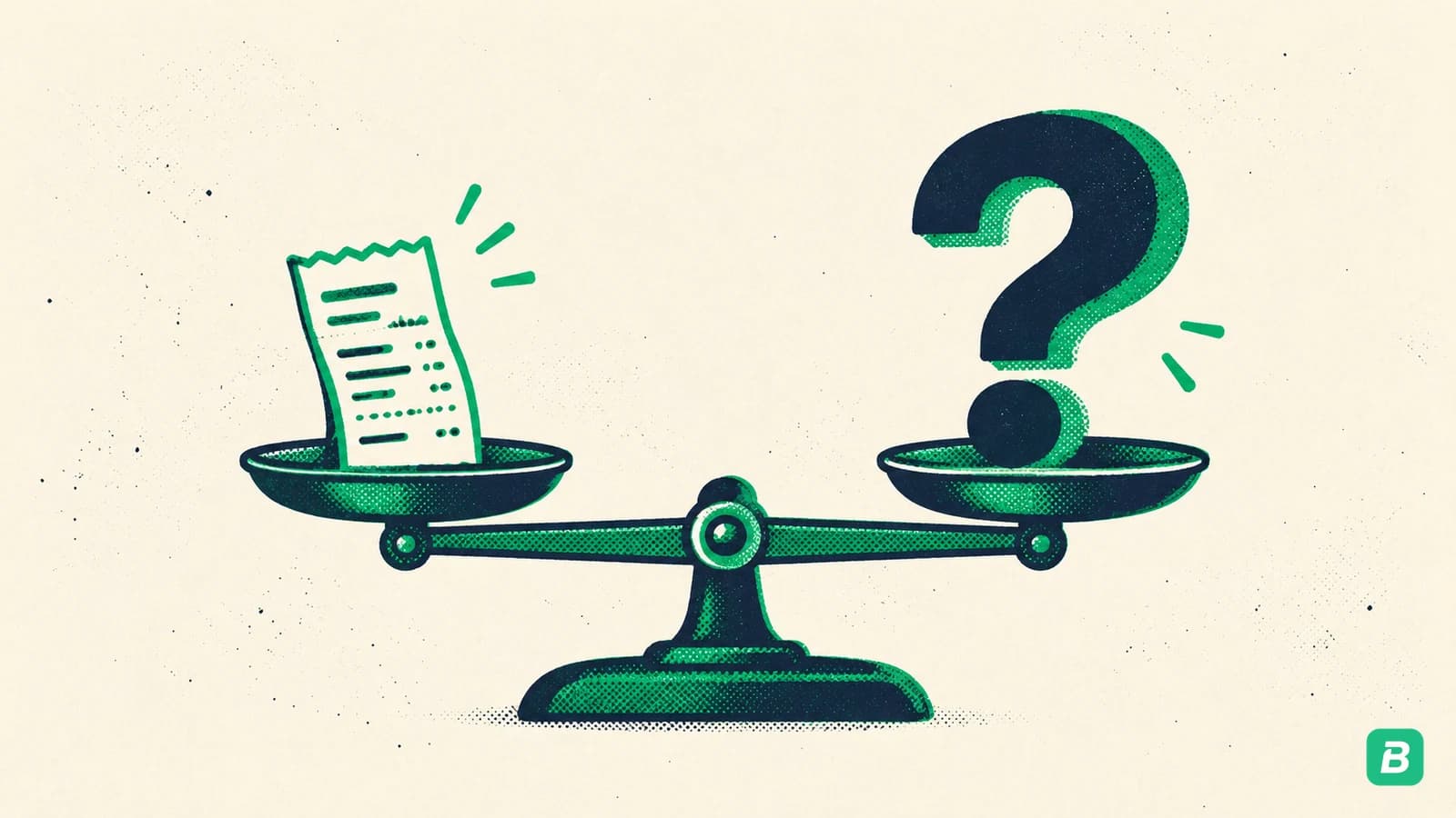 A small receipt balancing a large question mark on a scale