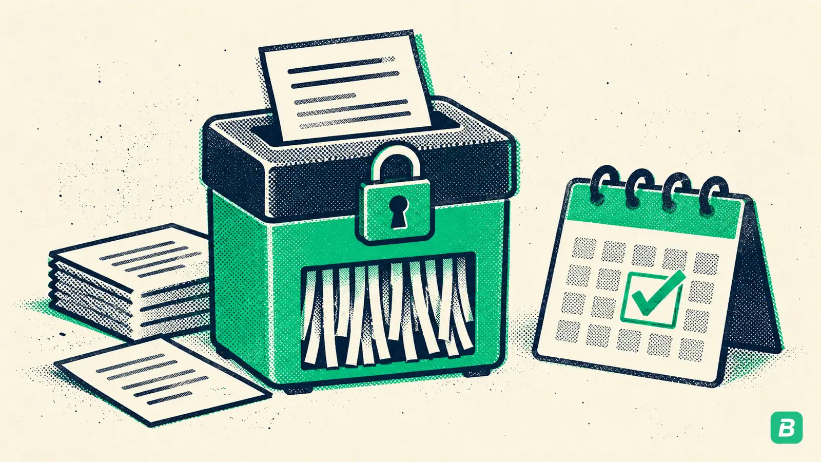 A locked shredder beside a calendar check