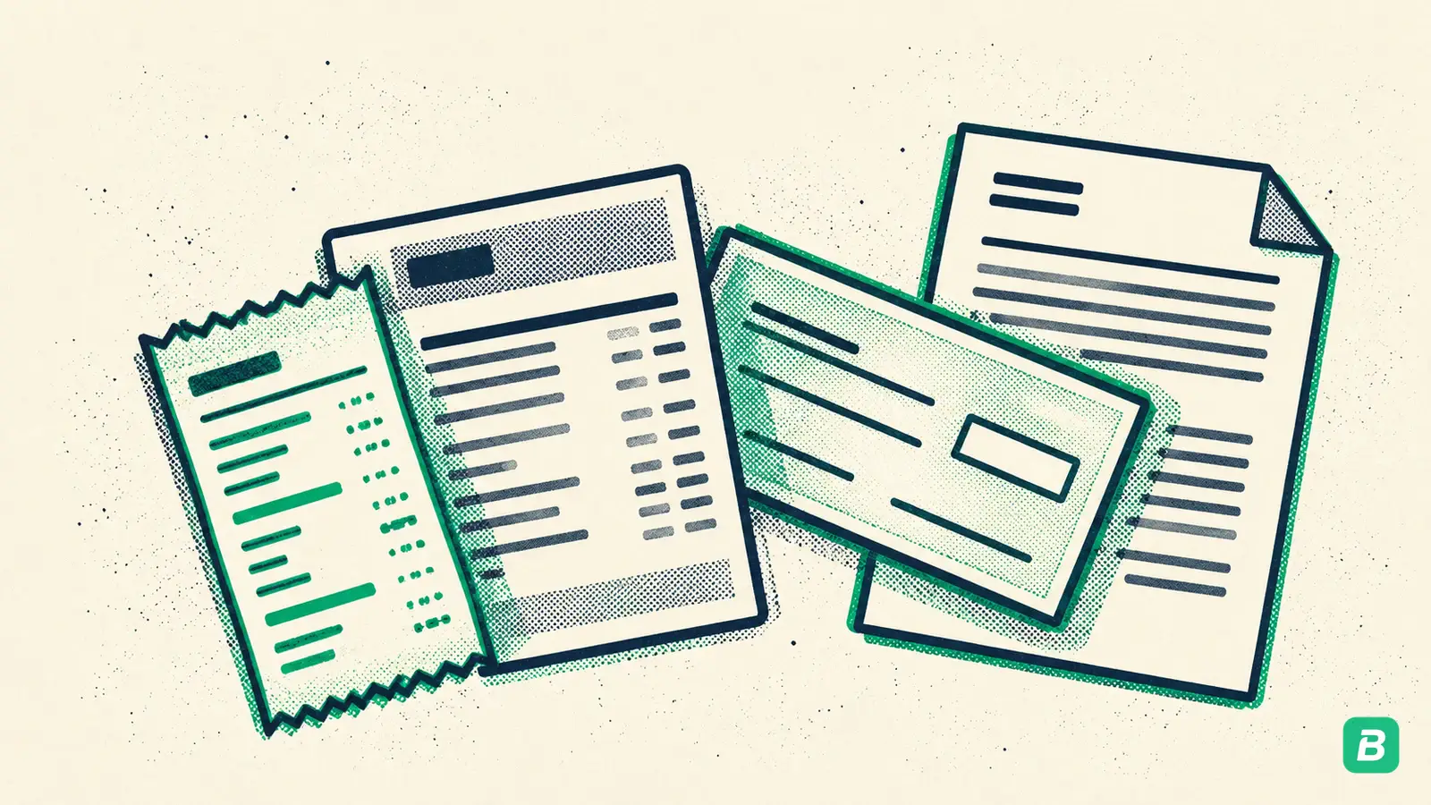 A fan of source documents: receipt, statement, cheque and contract
