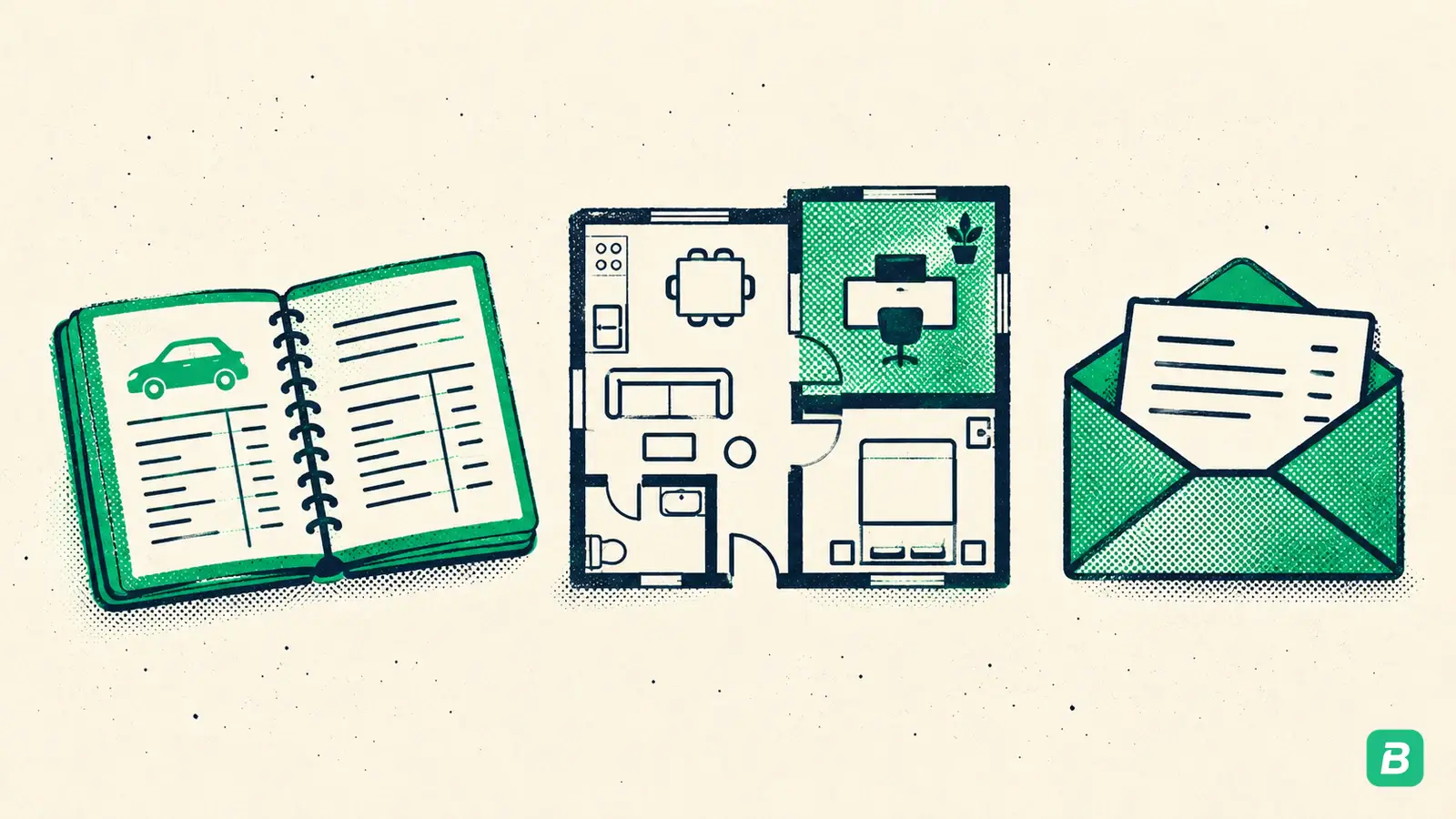 A vehicle logbook, a home office floor plan and a payroll envelope