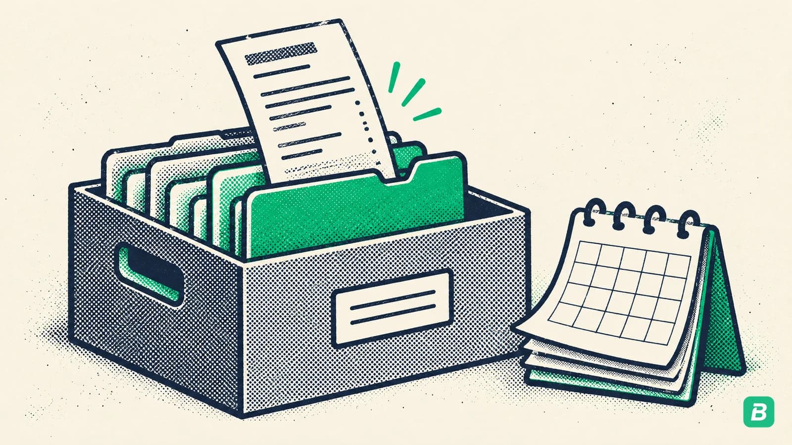 An archive box of folders with a statement sliding into the green front folder, blank calendar pages beside it