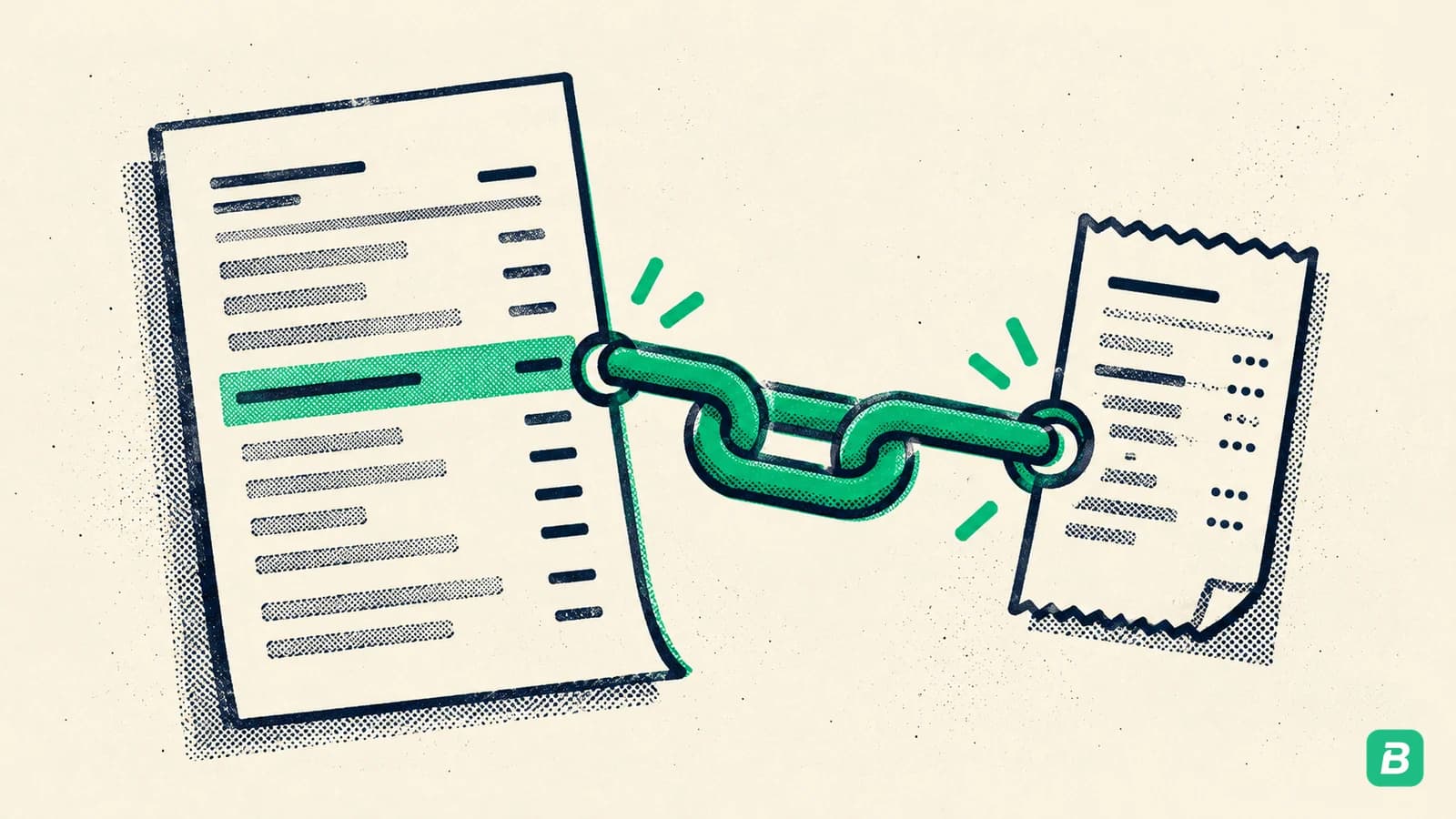 A statement with one highlighted line joined by a chain to a paper receipt