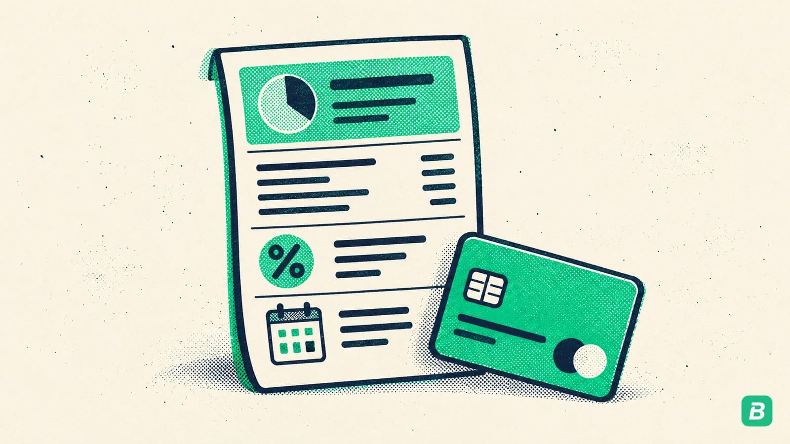 A statement page split into four bands, the summary band on top in green, with a bank card leaning on it