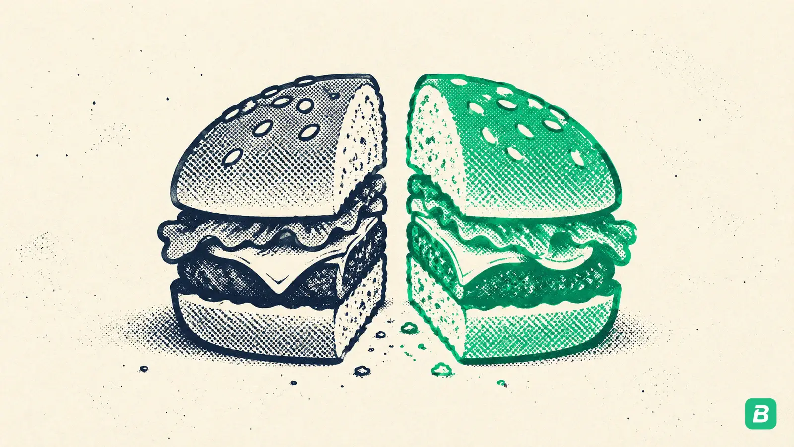 A burger split in half, the deductible half emerald