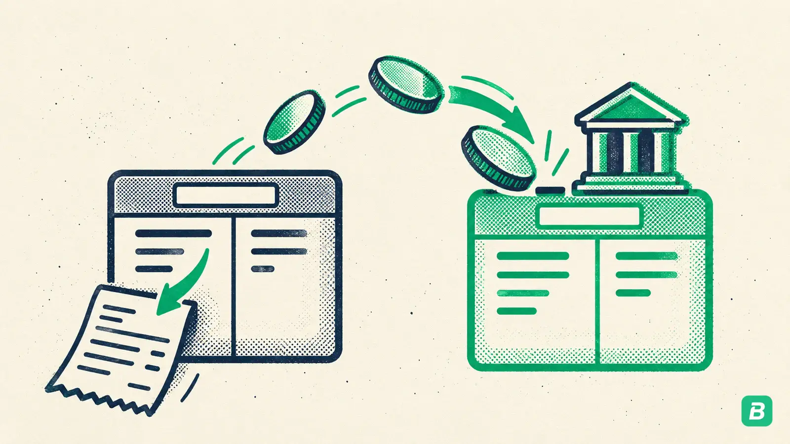 Two T-accounts with coins entering the bank account