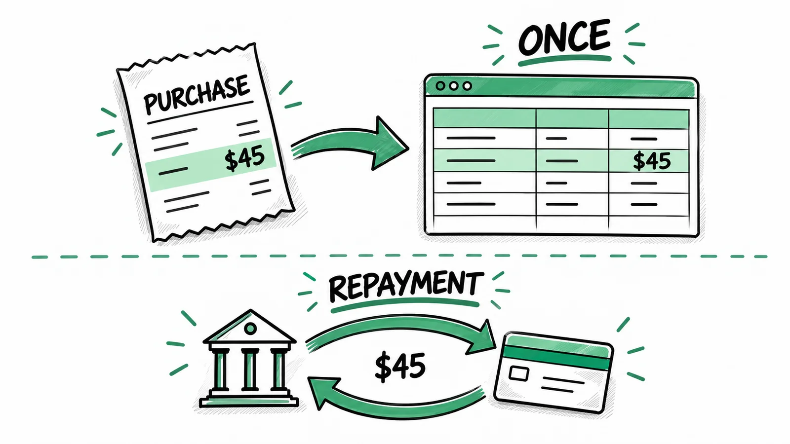 A fictional $45 card purchase recorded once as an expense, with the $45 card repayment shown separately.