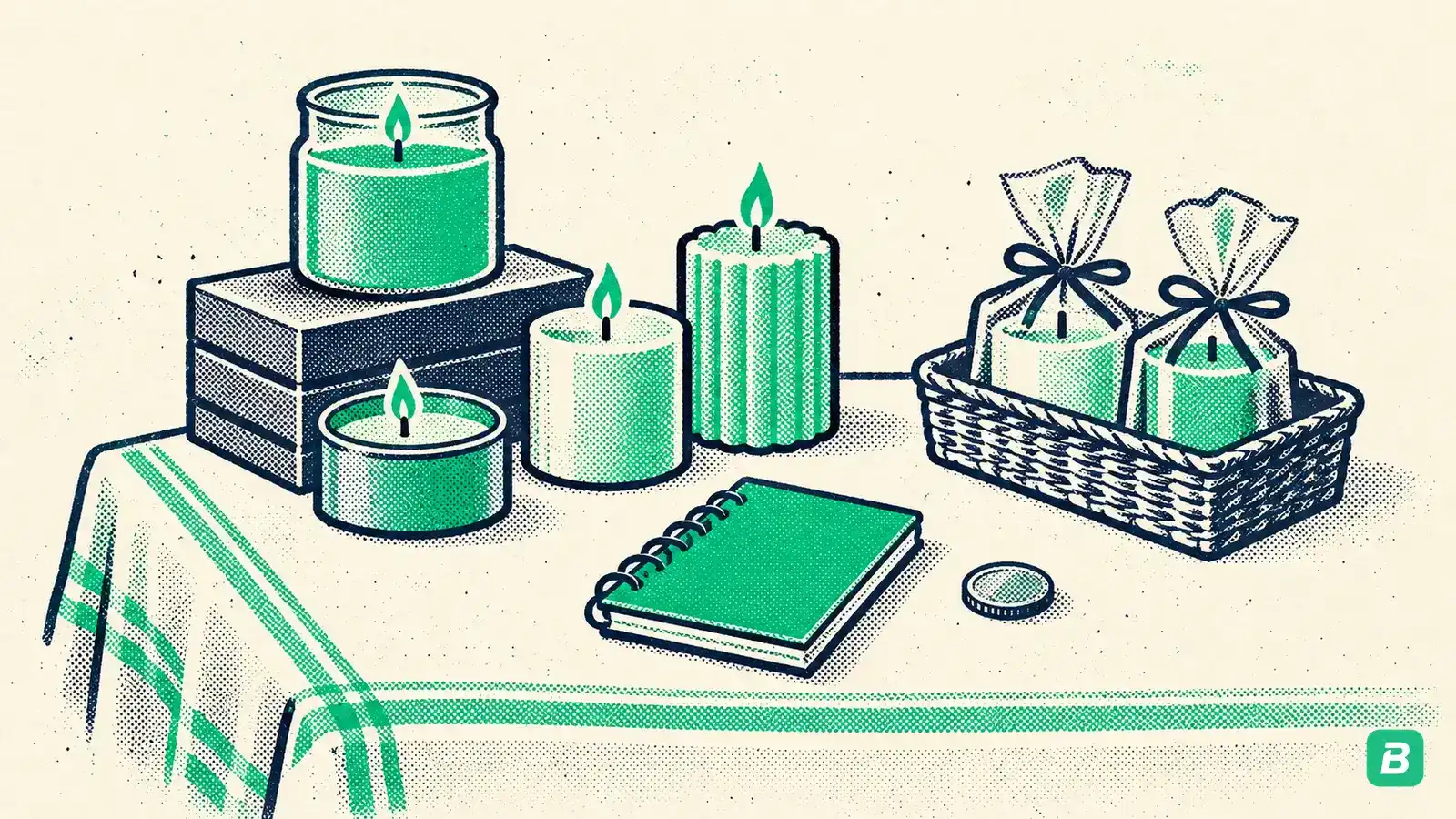 A small craft-fair table with a tiny notebook