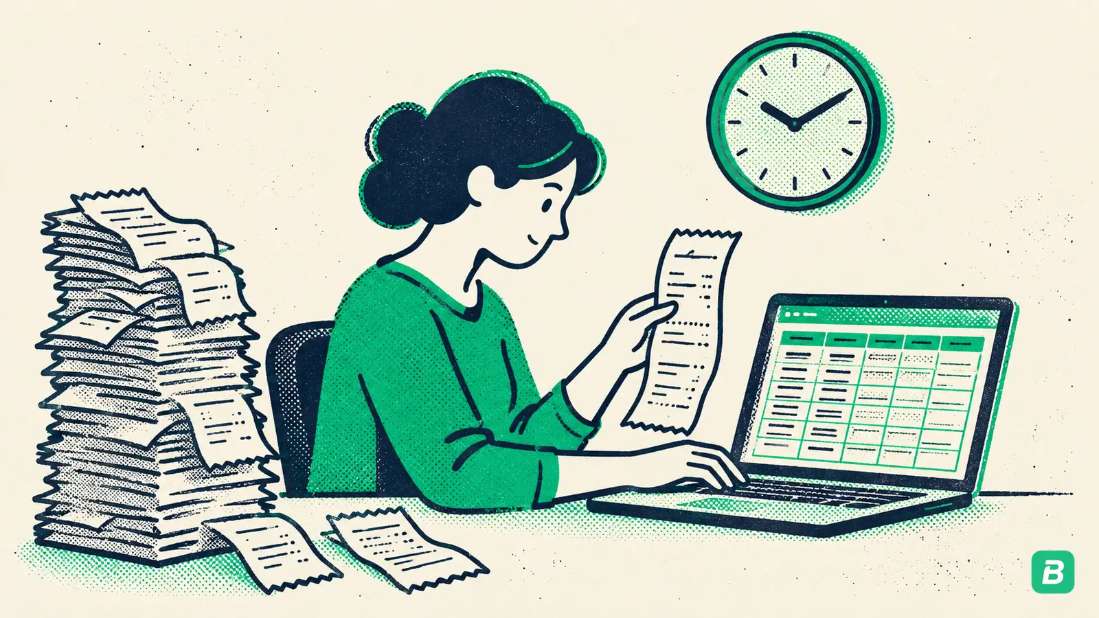 A person typing receipts into a spreadsheet with a tall stack waiting