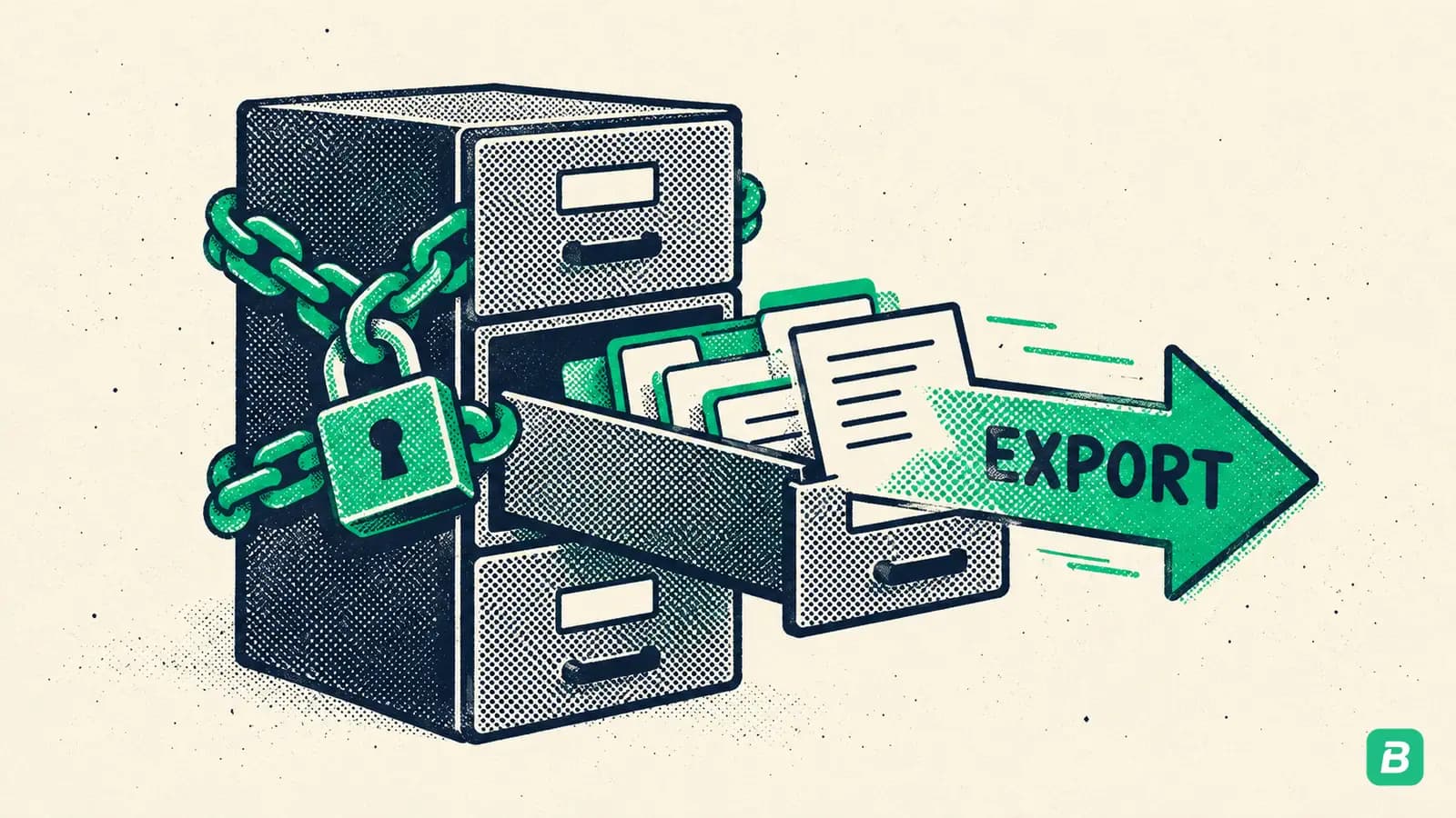 A chained filing cabinet with one export arrow sliding out